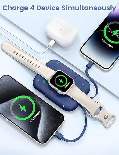 Miniatura 19 de RORRY Cargador portátil, cargador portátil de 5000 mAh con cables integrados, llavero de viaje para Apple Watch Ultra/11/10/9/8/7/6/SE, iPhone Azul