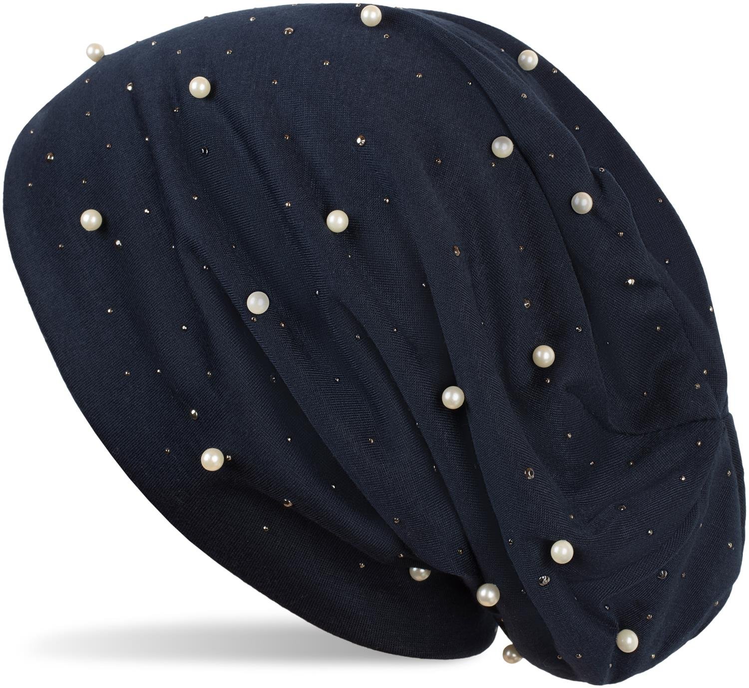 Stylebreaker Women's Midnight-Blue / Dark Blue Beanie Hat With Pearls And Rhinestone Studs, Long Slouch Beanie, 04024140, Colour:midnight-Blue/Dark Blue