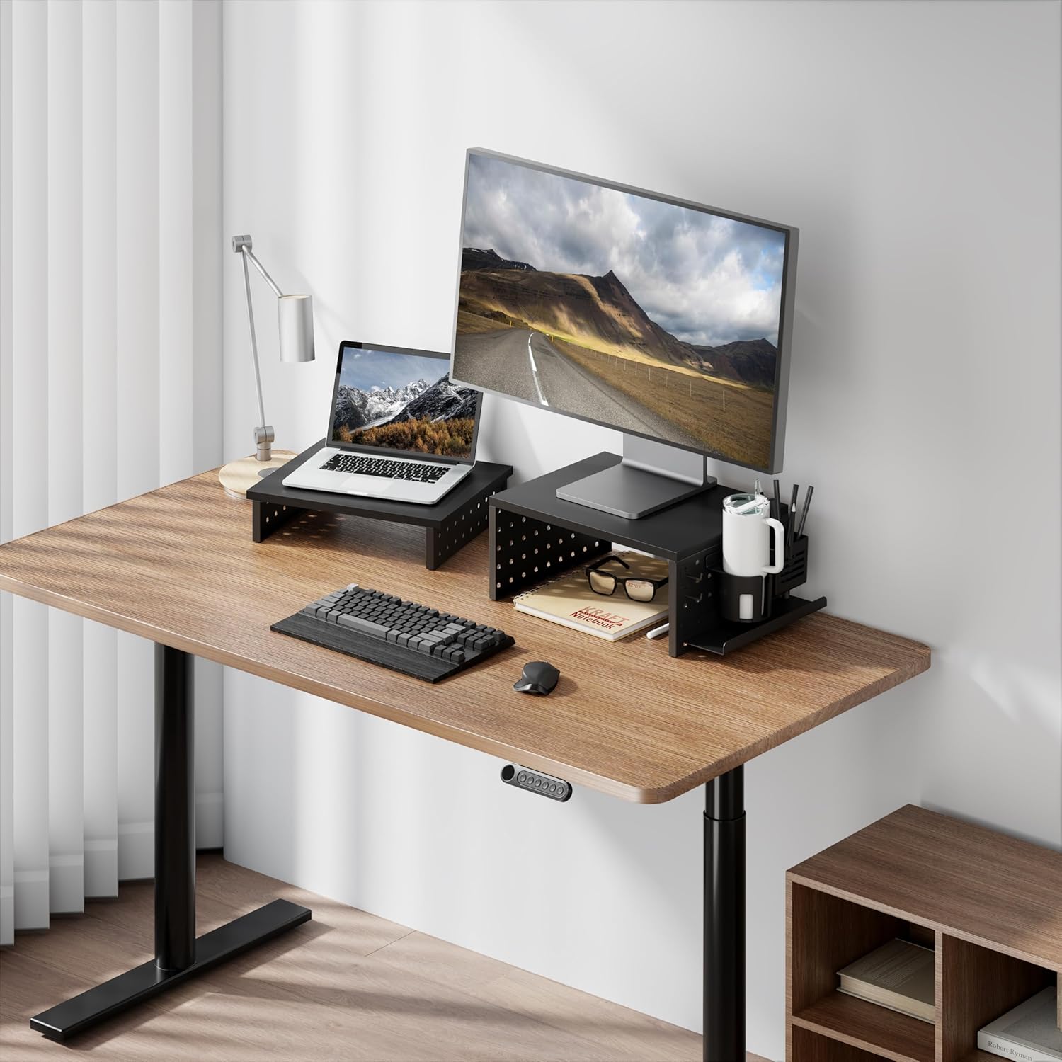 Kantek Pegboard Dual Monitor/Laptop Stand, 2 Ergonomic Platforms, Includes Accessories, Desk Organizer, Black MDF and Metal