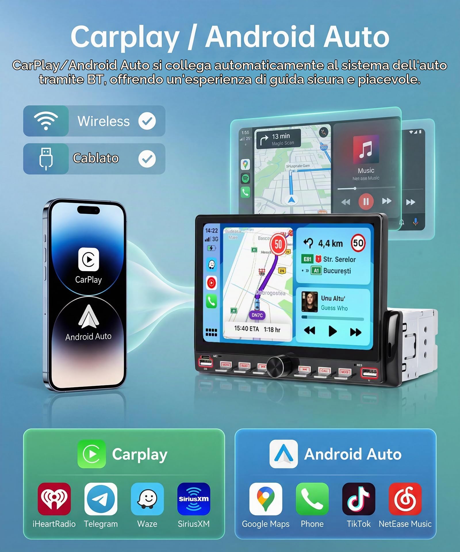 Rimoody Autoradio 1 Din Carplay Android Auto Wireless, 7'' IPS Touchscreen Stereo Carplay 1 Din con Mirror Link Vivavoce Bluetooth FM EQ Tipo-C 2USB Controllo del Volante Retrocamera