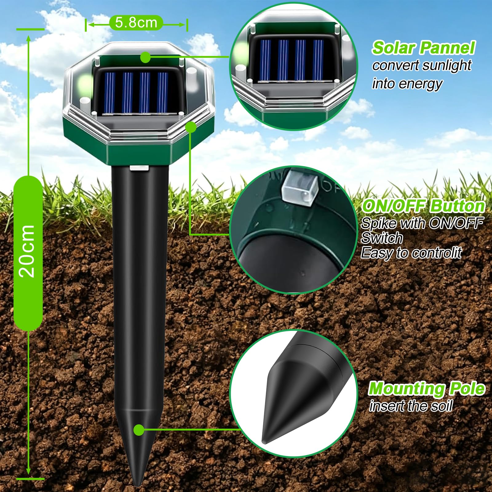 Confezione da 8 Dissuasori Solari per Talpe, Scaccia Talpe a Ultrasuoni da Giardino, IP65 Impermeabile, Repellente Talpe Solare, Allontanatore Arvicole Topi Ecologico, Antitalpa da Esterno