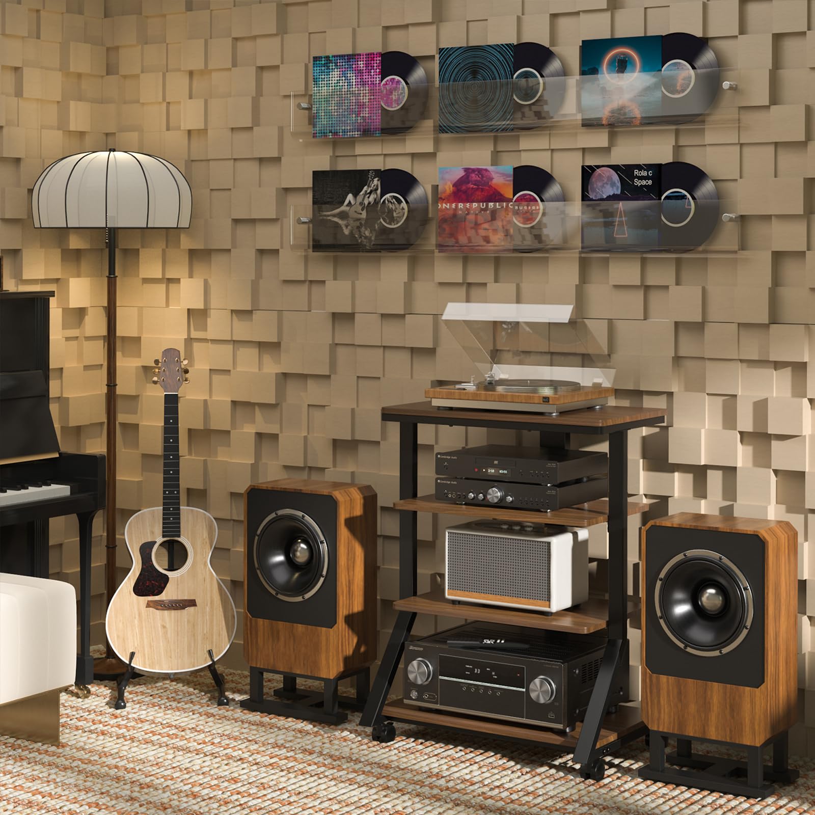 5Rcom Rack e supporti HiFi Audio Rack Armadio AV Mensola Movimento Stand 4 Ripiani in legno per Giradischi Lettore DVD Unità di intrattenimento Multifunzionale Altezza Regolabile Capacità di carico 54