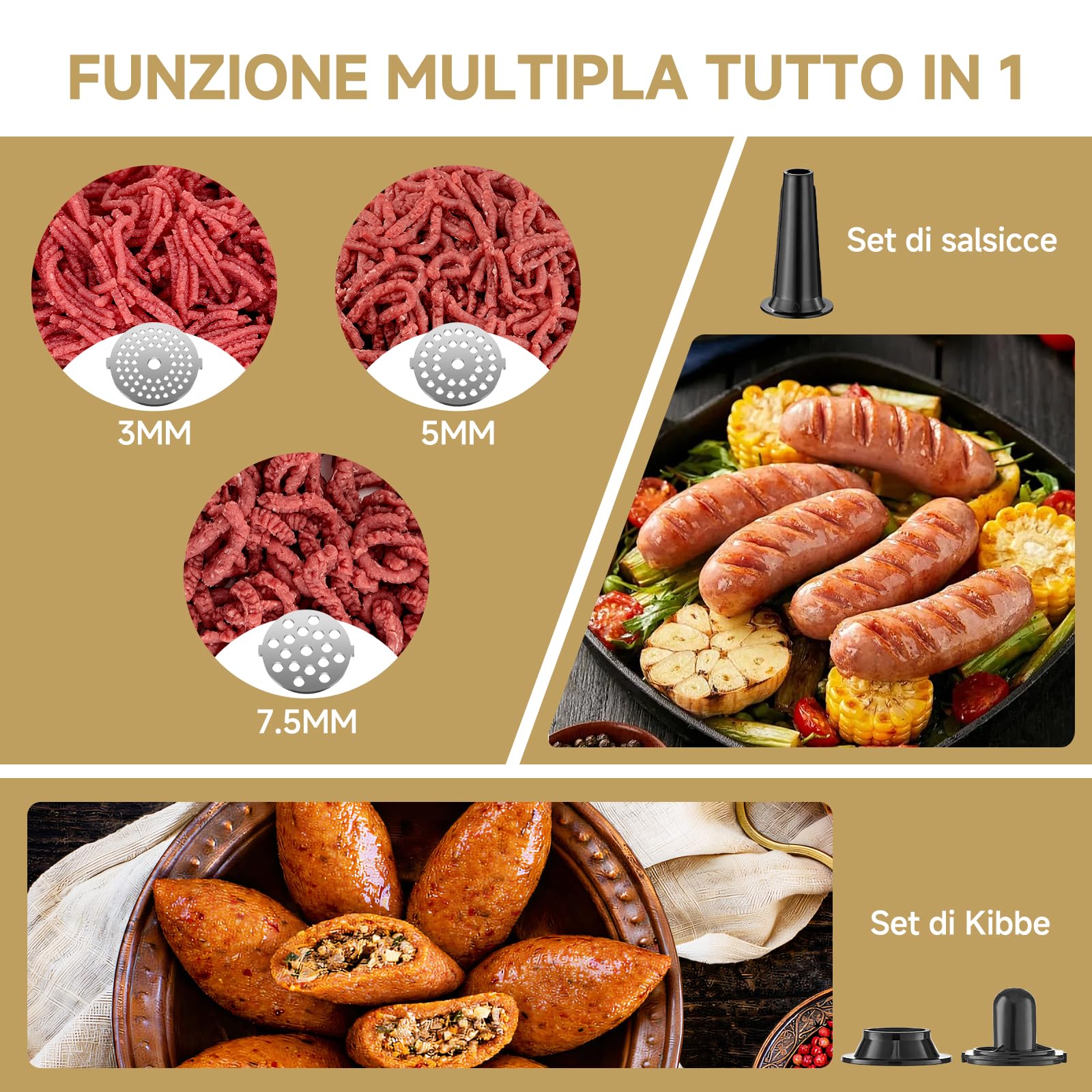 AAOBOSI Tritacarne Elettrico, 3-In-1 Tritacarne Elettrico Professionale [3000W MAX], 2 Lame, 3 Piastre Di Macinazione In Acciaio Inox, 1 Tubi Per Insaccati, 1 Kubbe