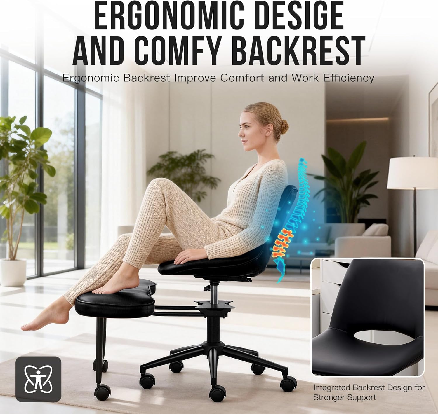 Ergonomic Cross-Legged Lounge Chair – High Lumbar Support, Adjustable Height, 360° Swivel, Wide Criss Cross Seat, Smooth Wheels – Ideal for Meditation, Yoga, ADHD – PU Leather, Black