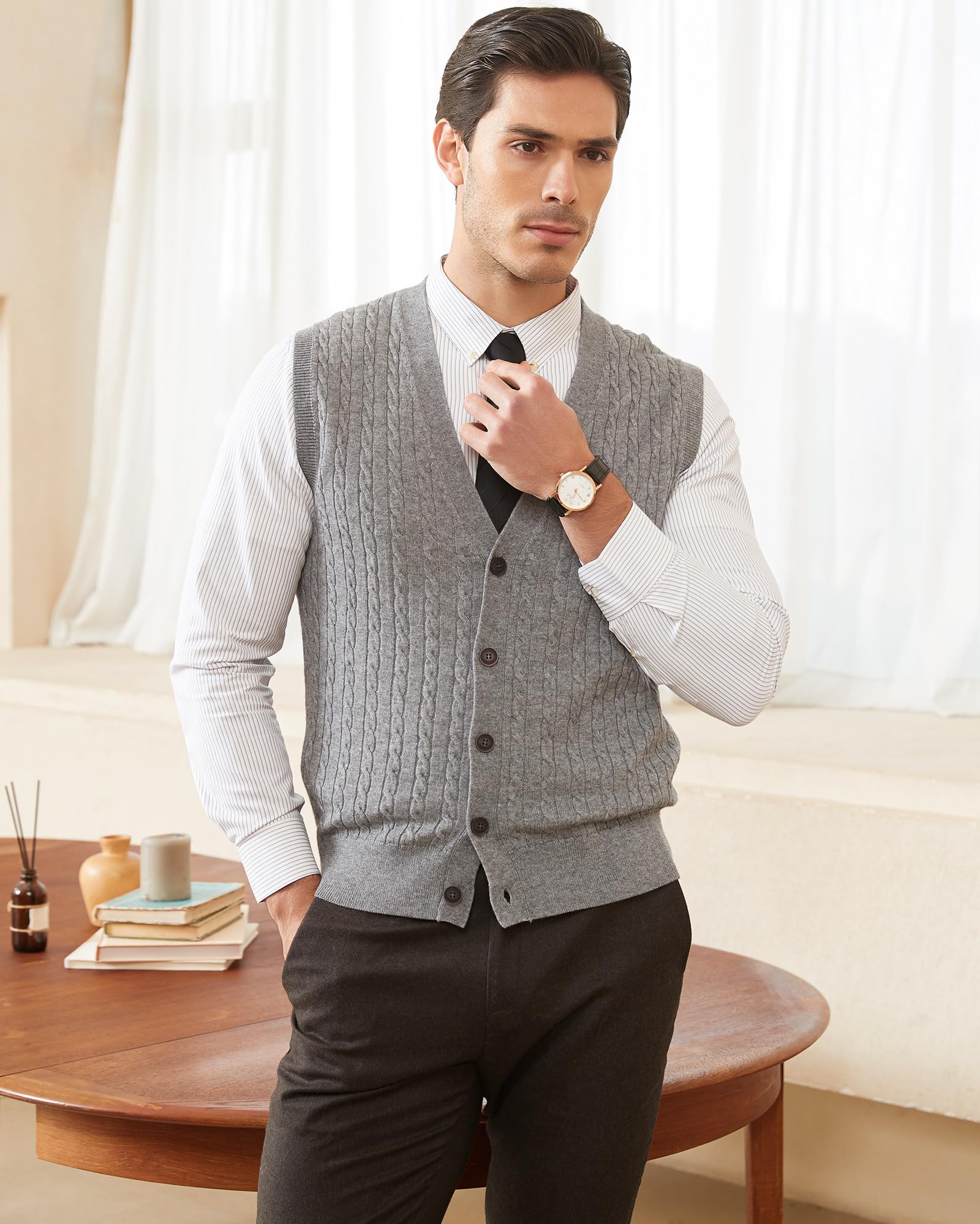 Kallspin Cardigan Homme en Mélange de Laine sans Manches et Col en V Tricoté avec des Boutons