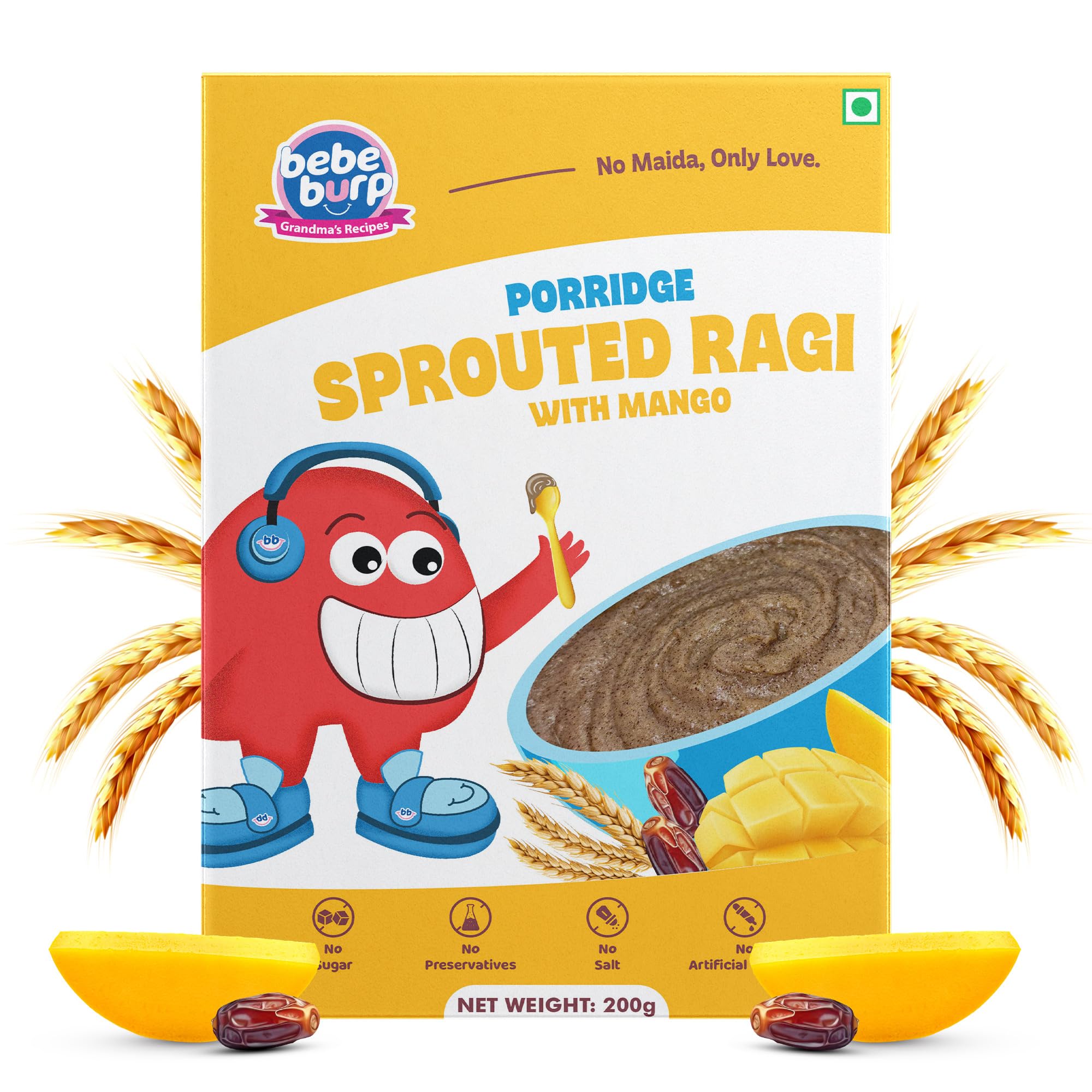 Bebe Burp No Added Sugar Instant Cereal | Sprouted Ragi with Mango | No Preservatives No Salt | Lightly Sweetened with Date Powder | Made with Ragi, 200g
