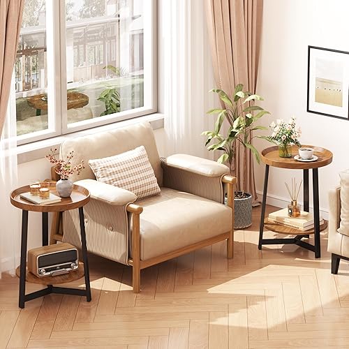 Miniatura 9 de Mesa auxiliar redonda industrial de 2 niveles con estante de almacenamiento, mesa auxiliar con bandeja decorativa con soporte de metal triangular,