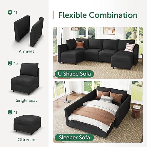 Miniatura 5 de HONBAY Sofá modular modular en forma de L con almacenamiento, sofás convertibles para sala de estar, color gris lino