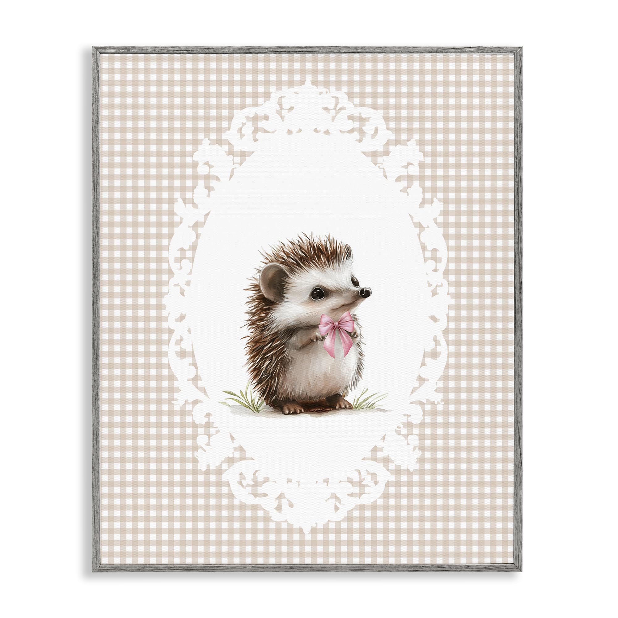Stupell Industries 'Vintage Bow Hedgehog on Gingham', Framed Giclee Art, Gray, 11 x 14 Inches, Easy to Hang and Sturdy, Made in USA, by Christine Simpson Art