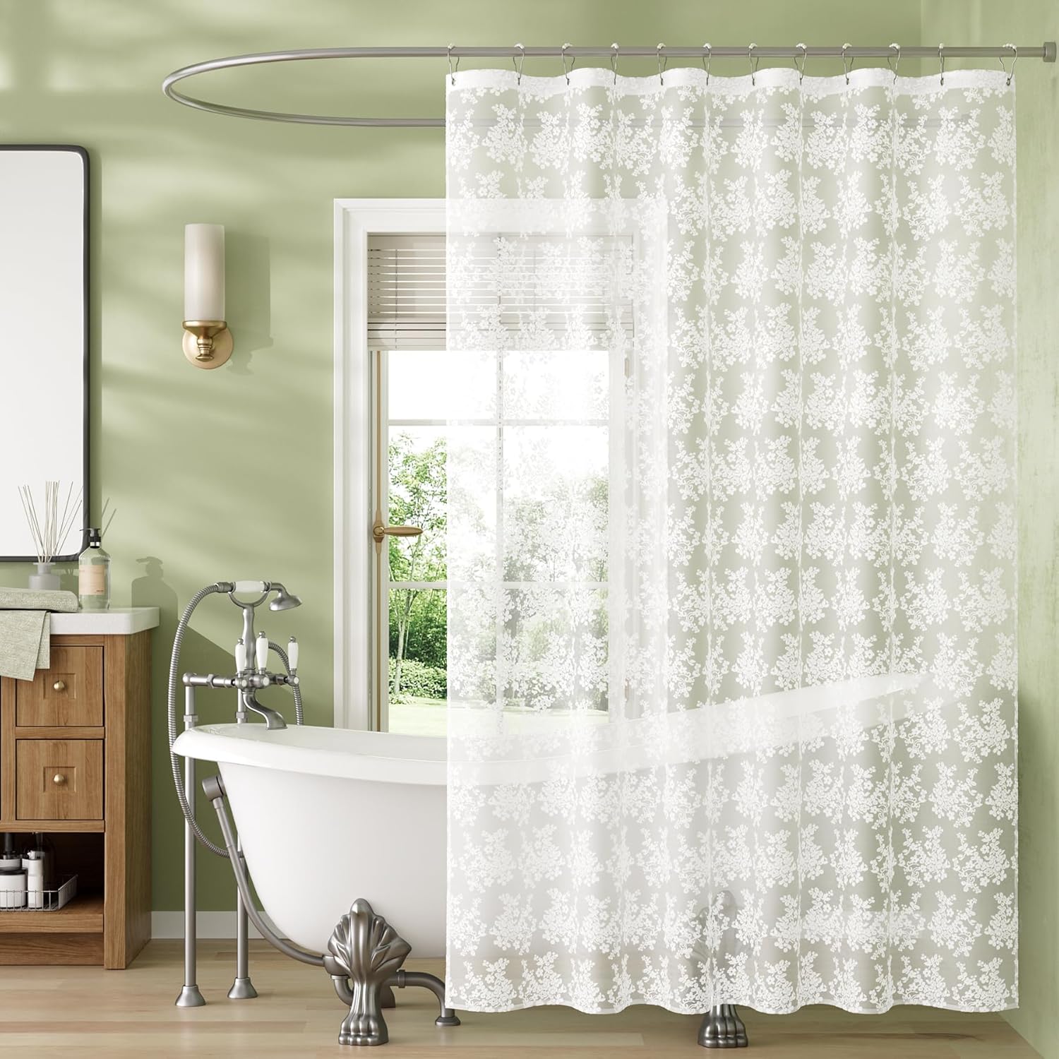 Bathway White Lace Shower Curtain with 12 Pearl Hooks, Girly Sheer Vintage Boho Farmhouse Cute Rustic Decorative Lace Shower Curtains for Bathroom, Room dividers, Party Backdrop, 72x72 Inches