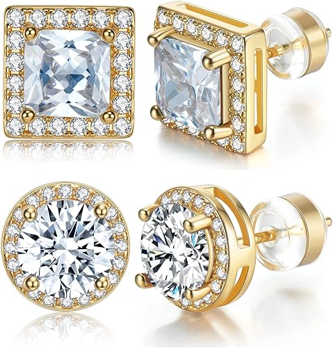 Aretes tipo dormilona para mujeres y hombres, 2 pares de plata de ley, chapados en oro, redondos, corte princesa, multicolores, circonita cúbica,