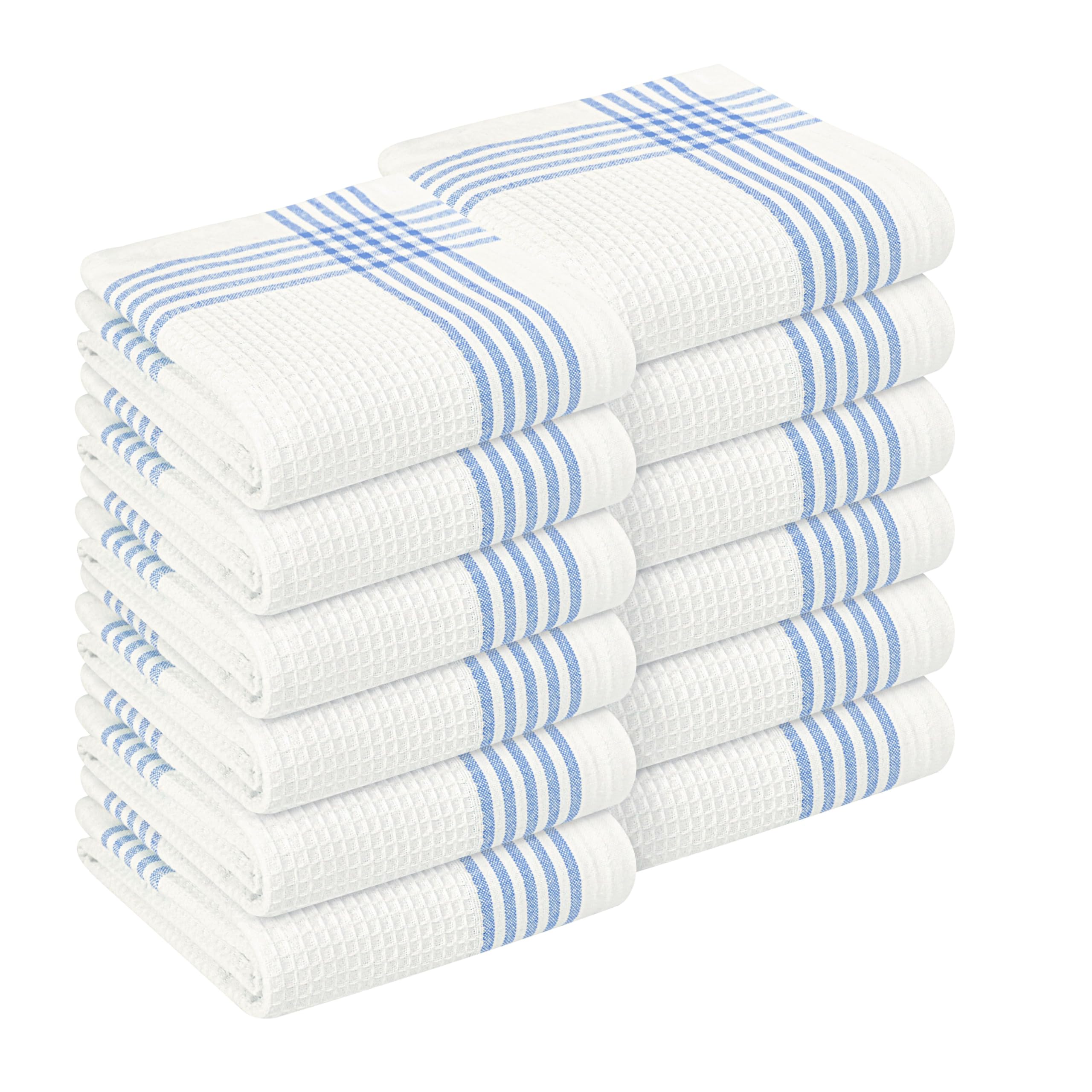 Waffle White &amp; Sky Blue Kitchen Towels 12 Pack, 100% Cotton 16x26 inches, Quick Dry Bar Mop Towel, Super Absorbent Wash Cloths for Cleaning, Drying Dishes, Long Lasting Dishcloth