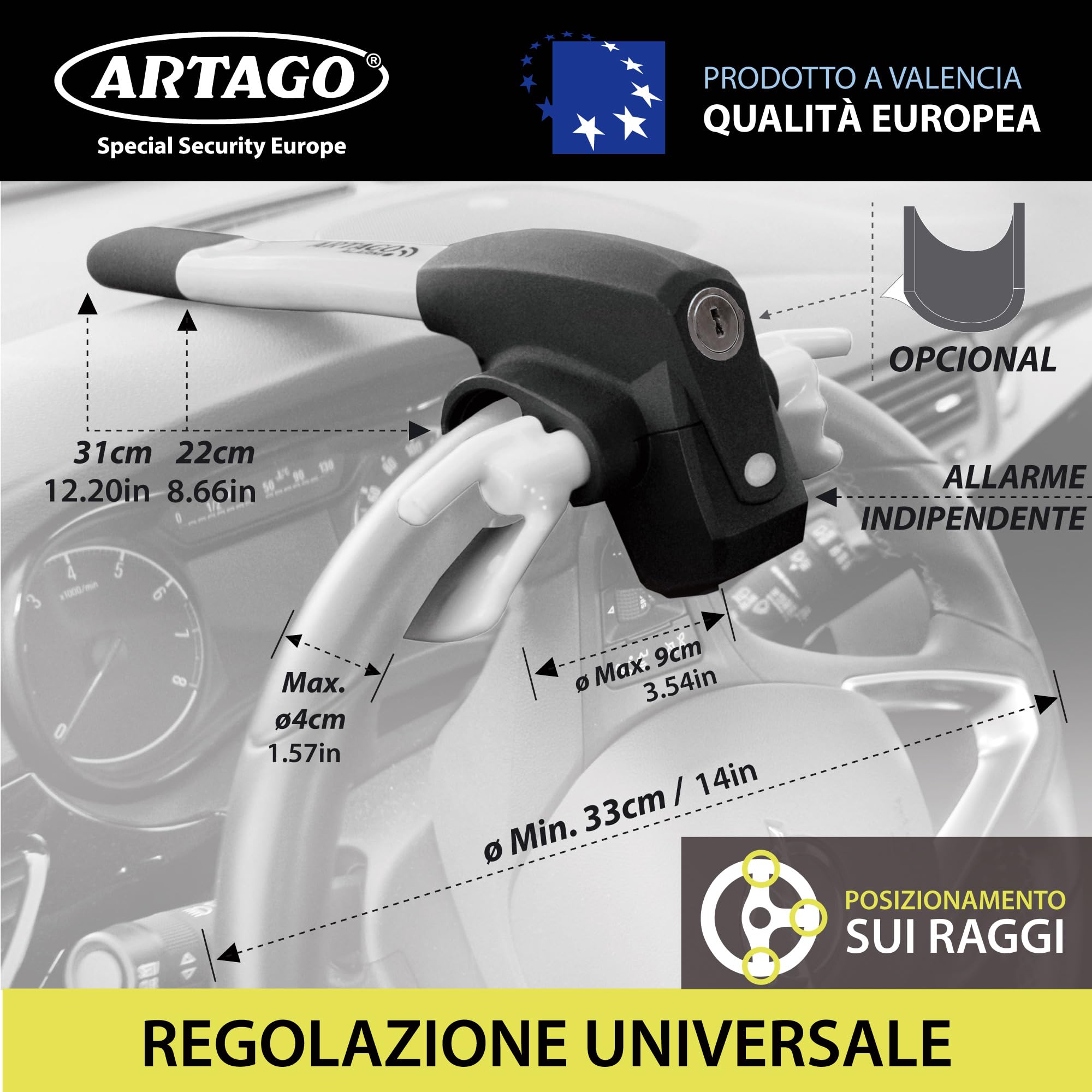 ARTAGO 870 Antifurto Auto Alta Gamma, Blocca Sterzo 2en1, Allarme Intelligente 120dB LED Notte, Bloccasterzo Meccanico Sonoro