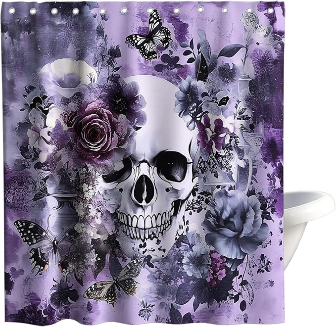 Floral Skull Gothic Halloween Shower Curtain Funny Colorful Funky Western Theme Fabric Bathroom Decor Sets with Hooks Waterproof Washable, Purple 72Wx72H