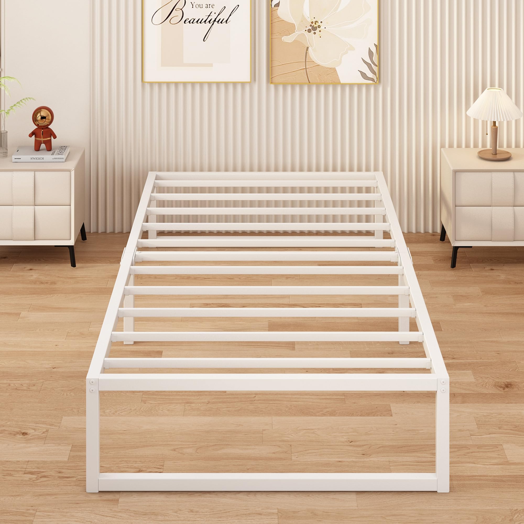 Yicensen Small Single Bed Frame 75x190 cm Metal Platform Bed Small Single with Steel Slat Support, Easy Assembly, Noise Free, No Box Spring Needed, 36cm High, White