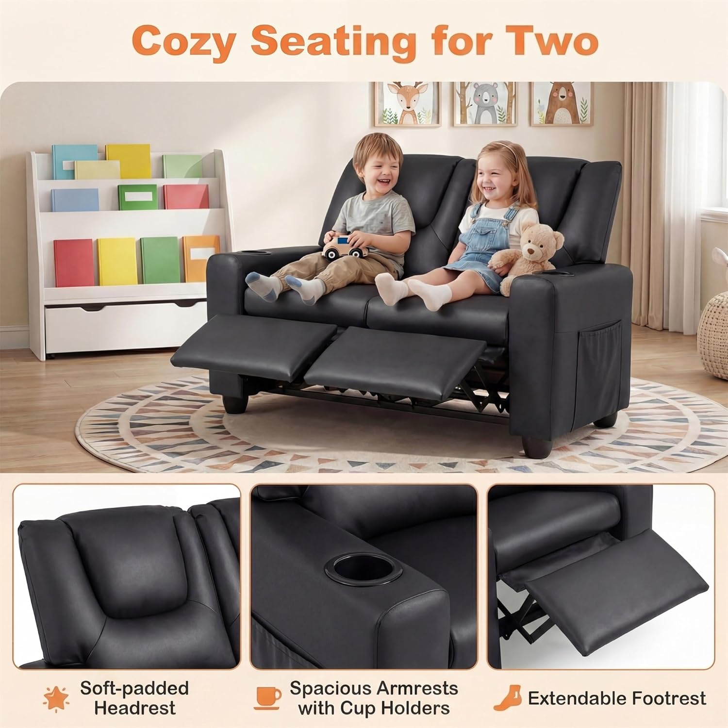 HONEY JOY 2-Seater Kids Recliner, Double Toddler Loveseat Sofa w/2 Cup Holders, 2 Side Pockets, Adjustable Backrest & Footrest, PU Leather Children Couch for Boys Girls Age 3+ (Black)
