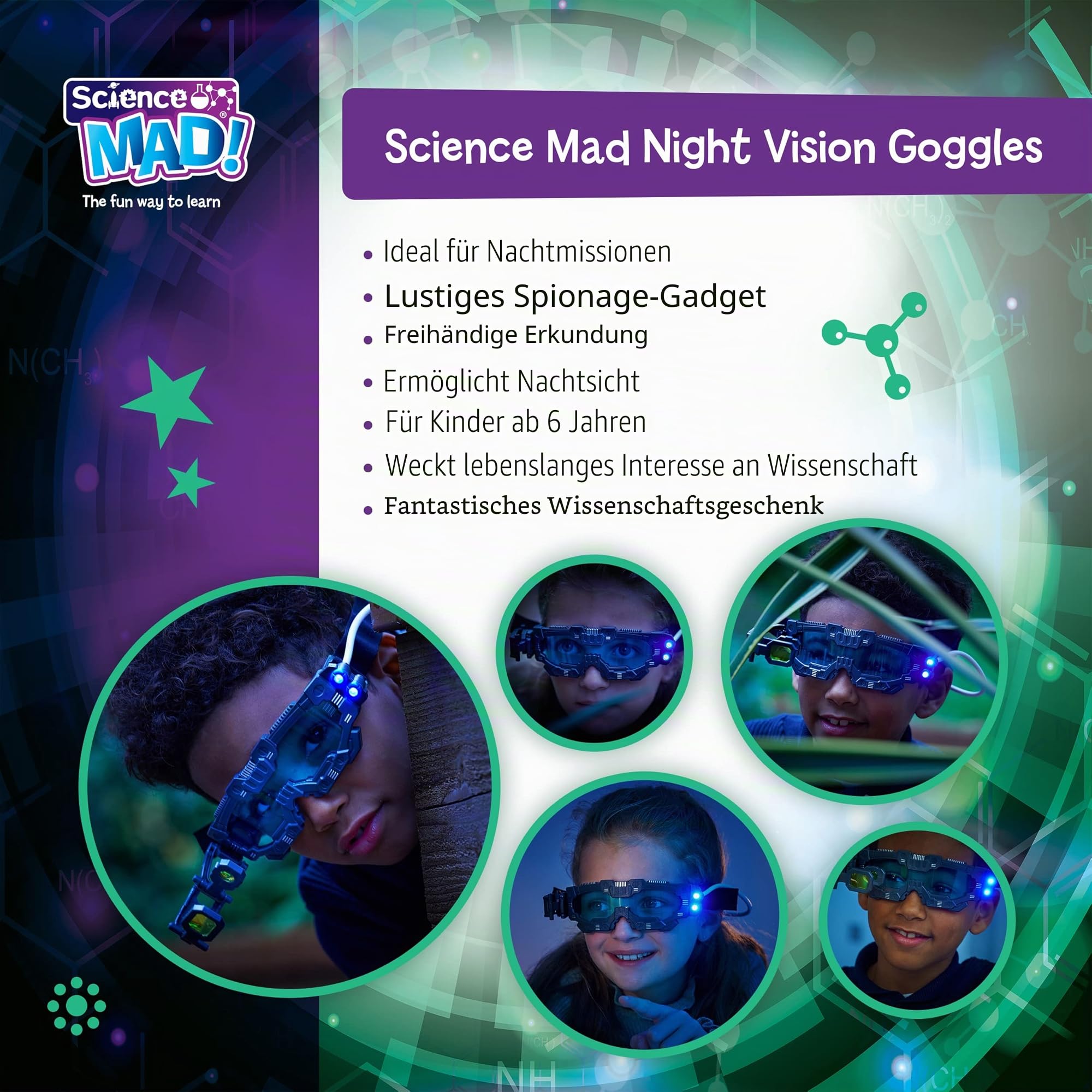 Science Mad! Nachtsichtbrille für Kinder, für lustige Nachtmissionen, leicht, ausklappbar, 2-fache Vergrößerung, Doppel-LED-Strahlen, Blaue Gläser, ab 6 Jahren, 20 x 10 x 5,5 cm (SM55), Schwarz