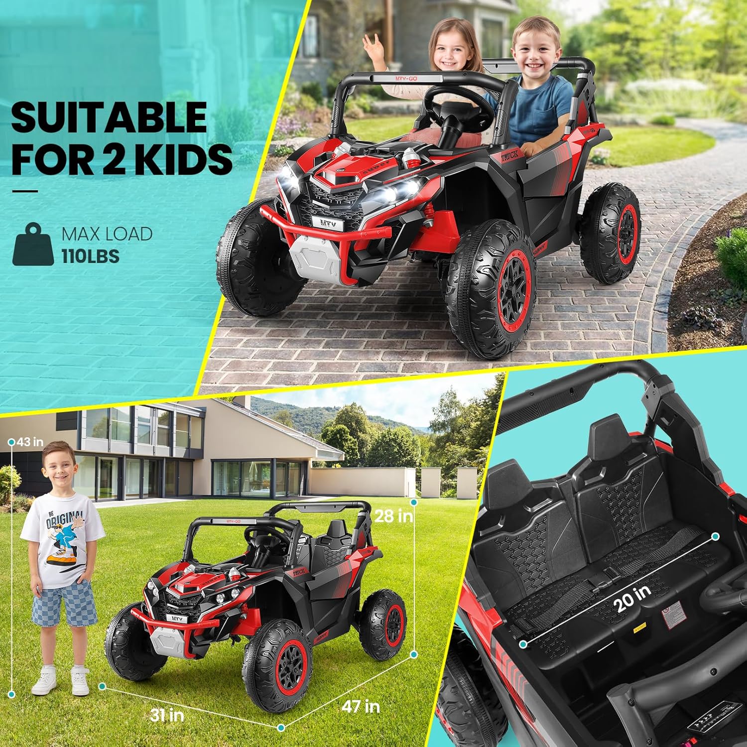 Hikole 24V Ride on Toy for Kids 4-8, XL Kids Electric Car 2 Seater, 4X200W Powerful Motor, Remote Control, 20" Spacious Seat, MP3 & USB, 3 Speed, Storage, Red