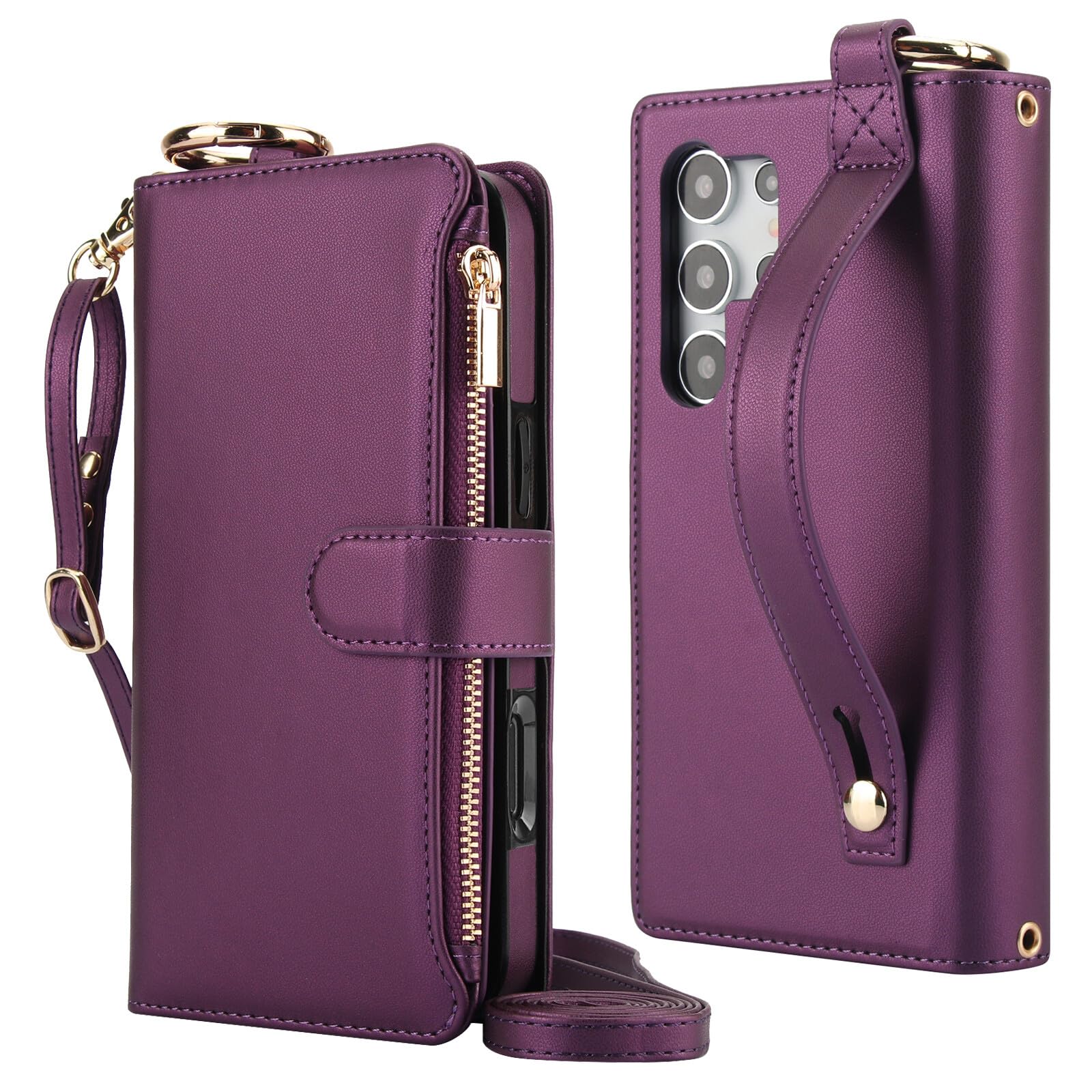 Generic - Funda tipo cartera para Samsung Galaxy S24 (color: morado oscuro) de piel con tapa y correa para el hombro