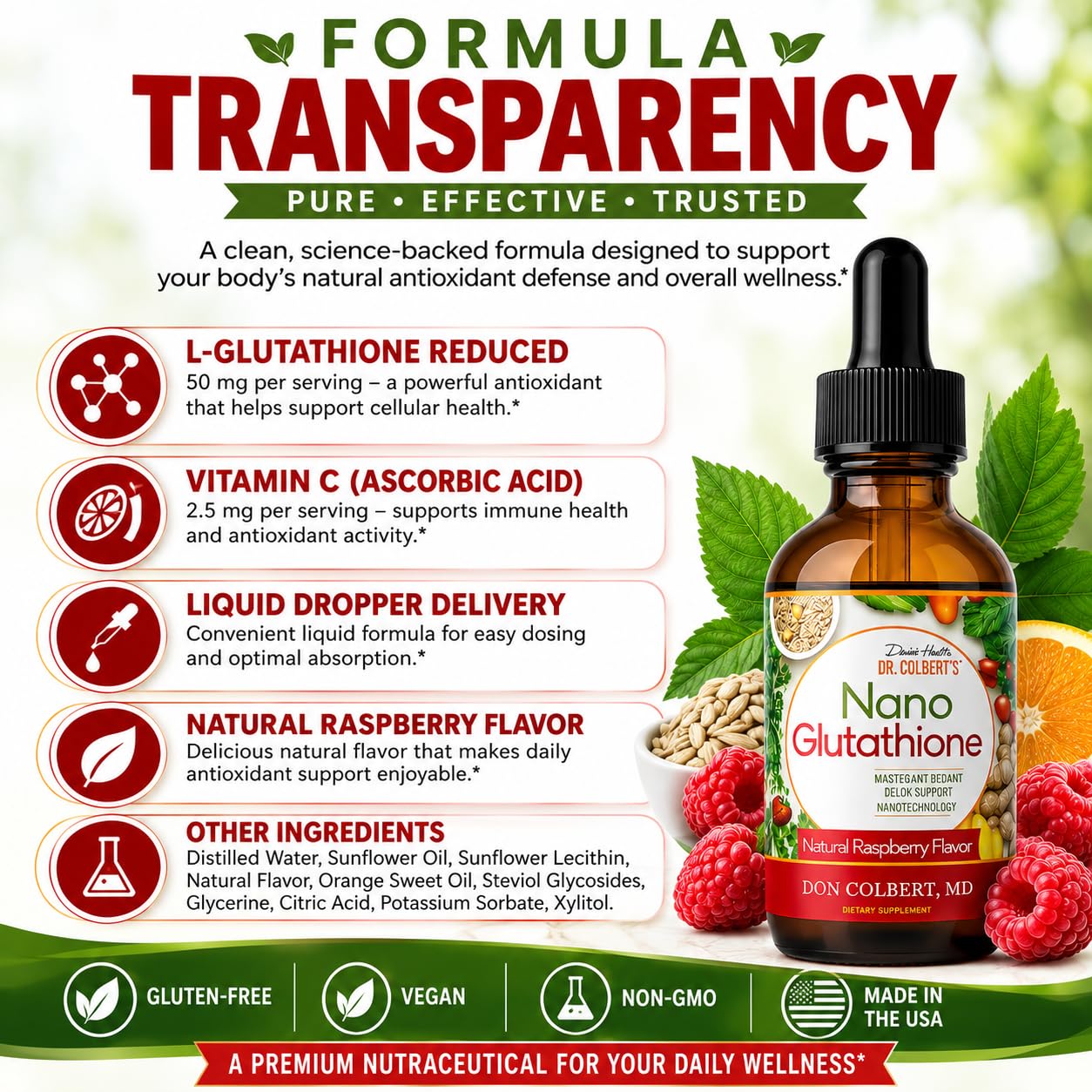 Divine Health Dr. Colbert, MD Nano Reduced L-Glutathione Drops | Raspberry Flavor Nanonization | Superior Absorption | Includes Vitamin C | Sugar Free | 30 Day Supply