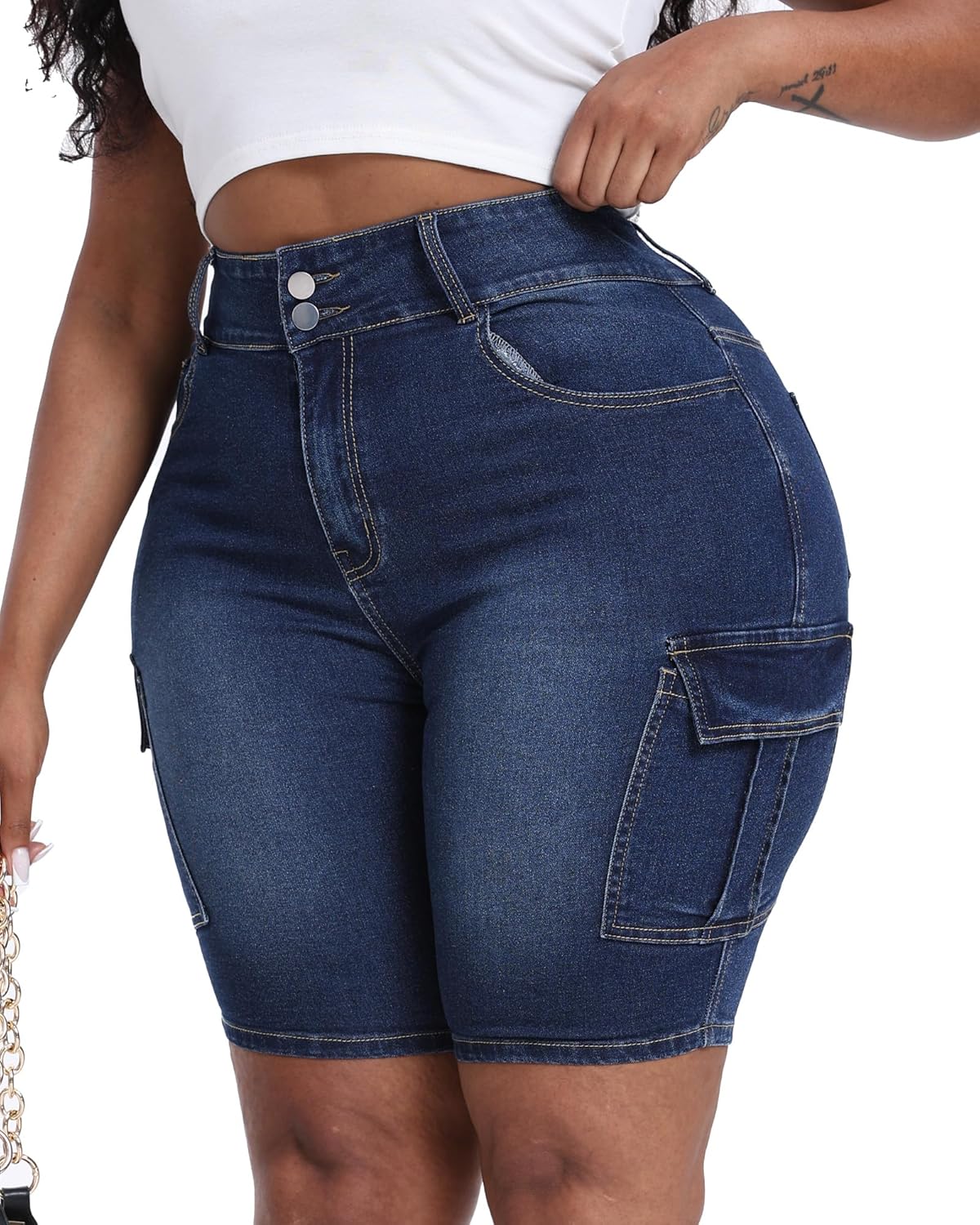 Gocolloa Womens Plus Size Jean Shorts Stretchy Cargo Bermuda Shorts High Waisted Y2k Denim Shorts