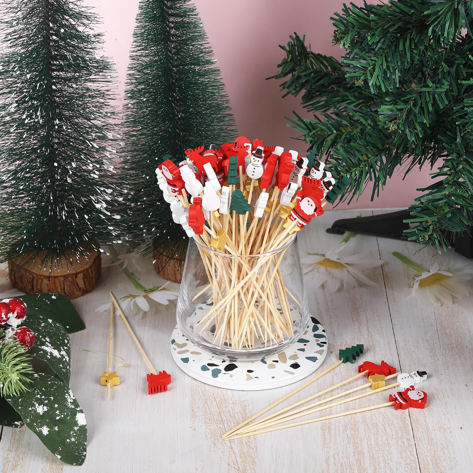 Lot De 100 Pics à Cocktail De Noël – Motifs Sapin, Bonhomme De Neige, Renne, Père Noël, En Bambou, 12 Cm - 9