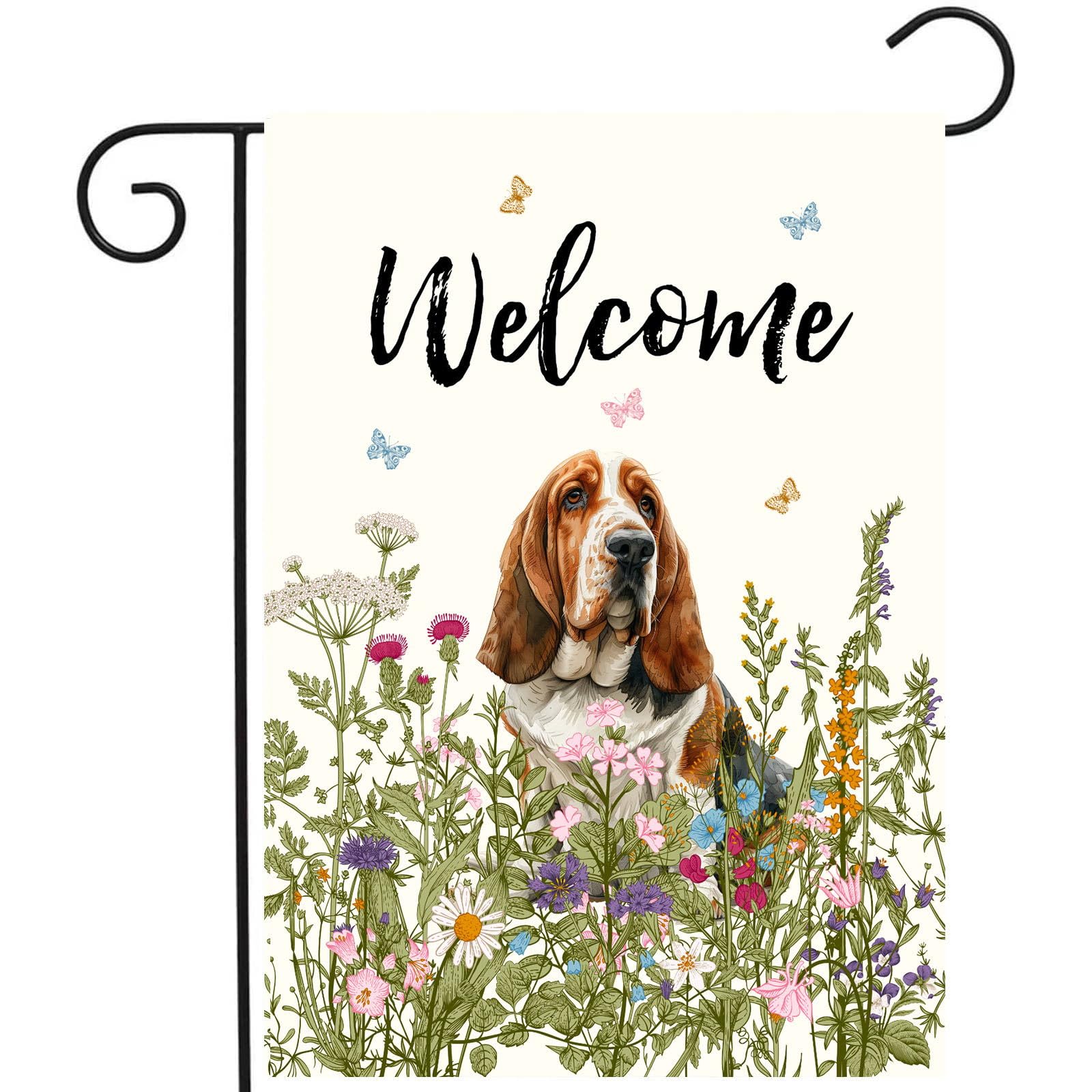 Spring Summer Garden Flag Floral Basset Hound Yard Flag Flower Dog Garden Flags for Outside Small Outdoor Welcome Flags 12x18 Double Sided