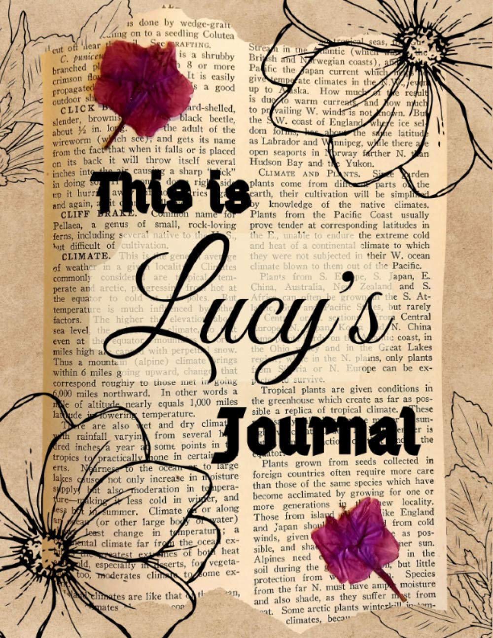 This is Lucy’s Journal: Custom Name Personalized Journal with old paper, dry flowers and flower drawings. Brown board Flowered Notebook with Name Lucy. A Gift for Women (My Name’s on It! Journals)