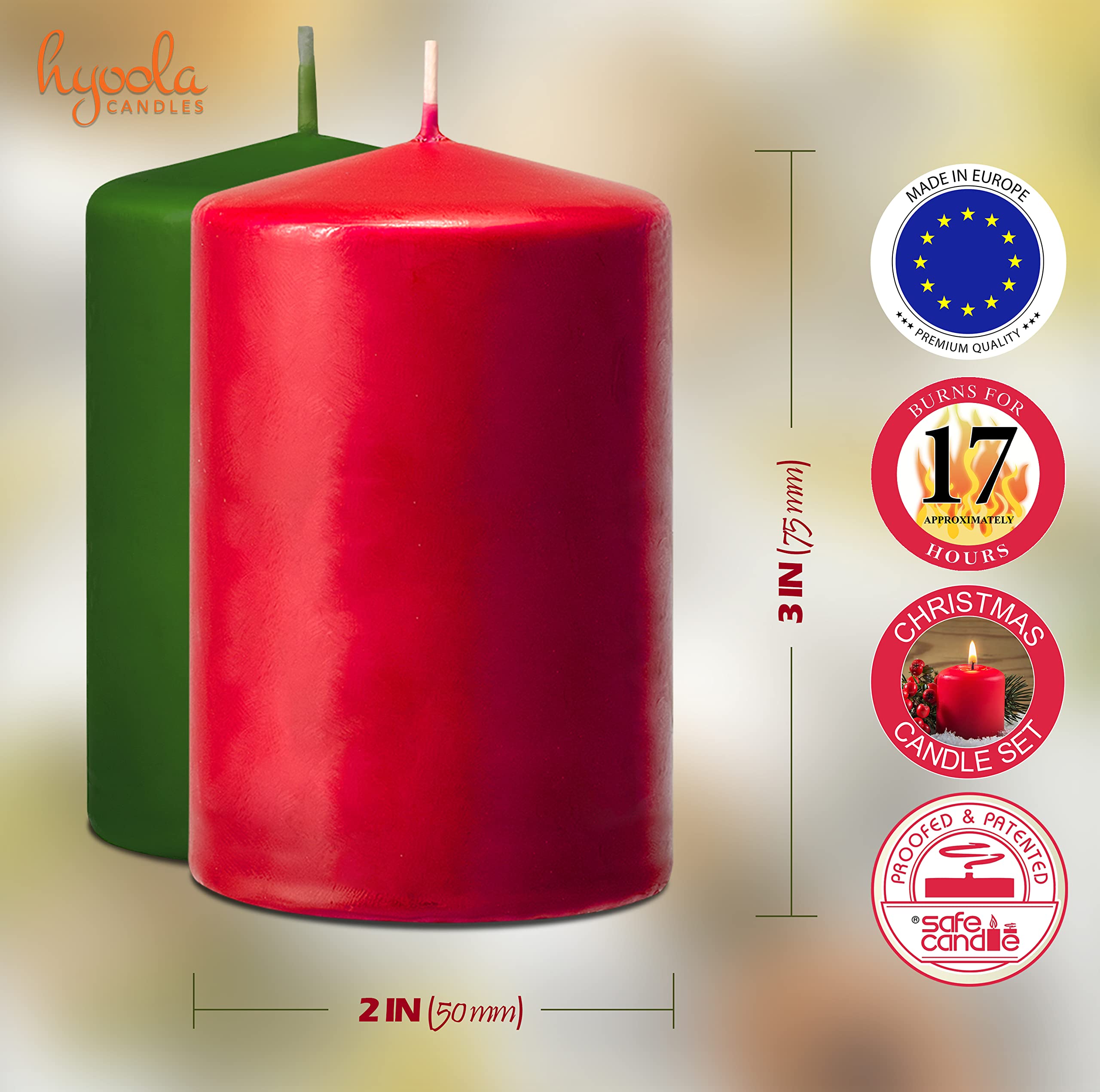 Hyoola Świece Dekoracyjne Bożonarodzeniowe - Czerwone i zielone Świąteczne świece - Świeca Walec - Świece Bryłowe - Świeca Bezzapachowa - 5 x 7,5 cm, 4 Sztuk
