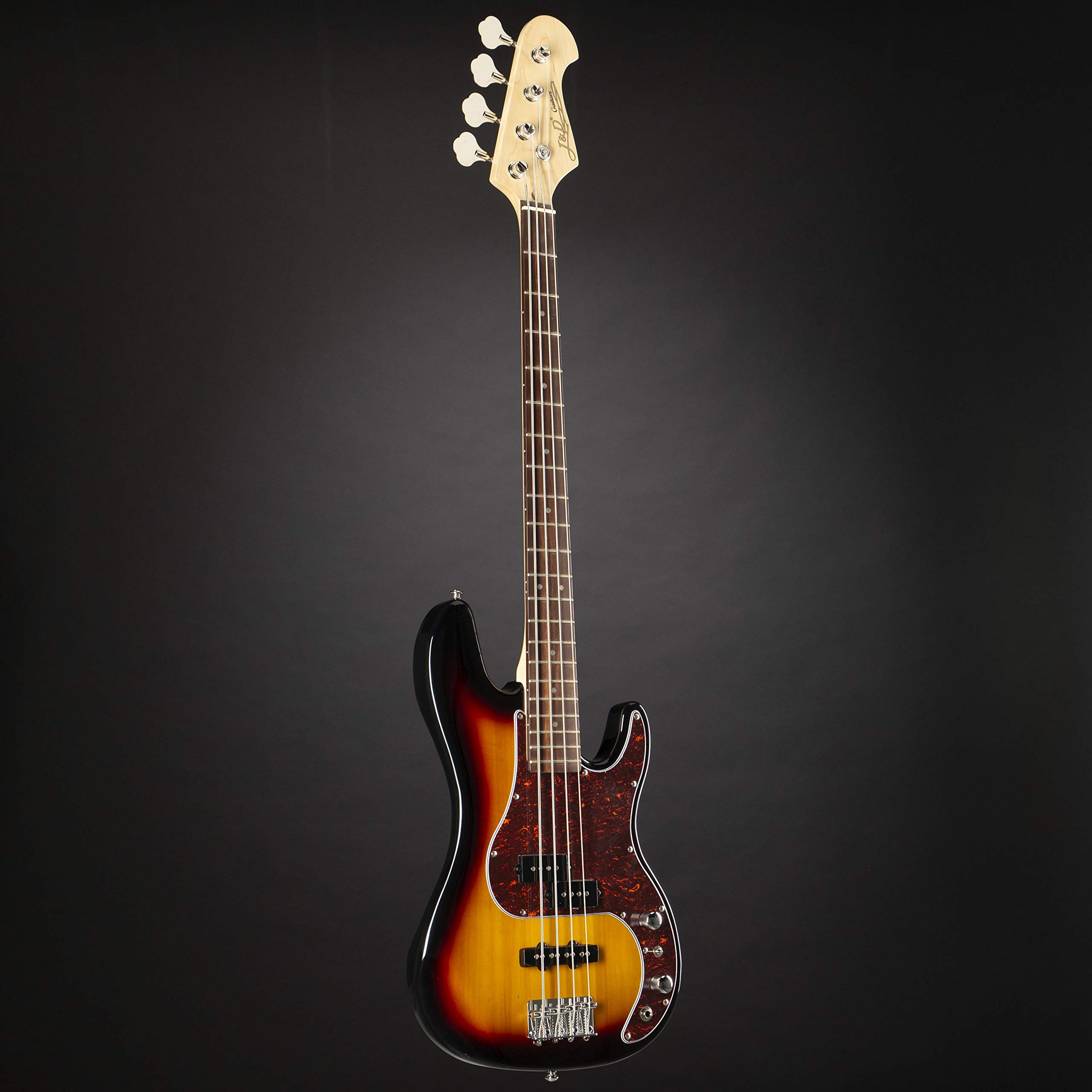 J & D E-Bass, Bass Gitarre mit 4 Saiten und Linde Korpus, JB Bass mit Split-Coil Tonabnehmer und Single Coil, passive Elektronik, 3-Tone Sunburst