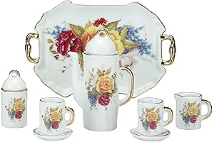 Miniature Peony Porcelain Tea Set: A Majestic Decor for Fairy Gardens and Dollhouses