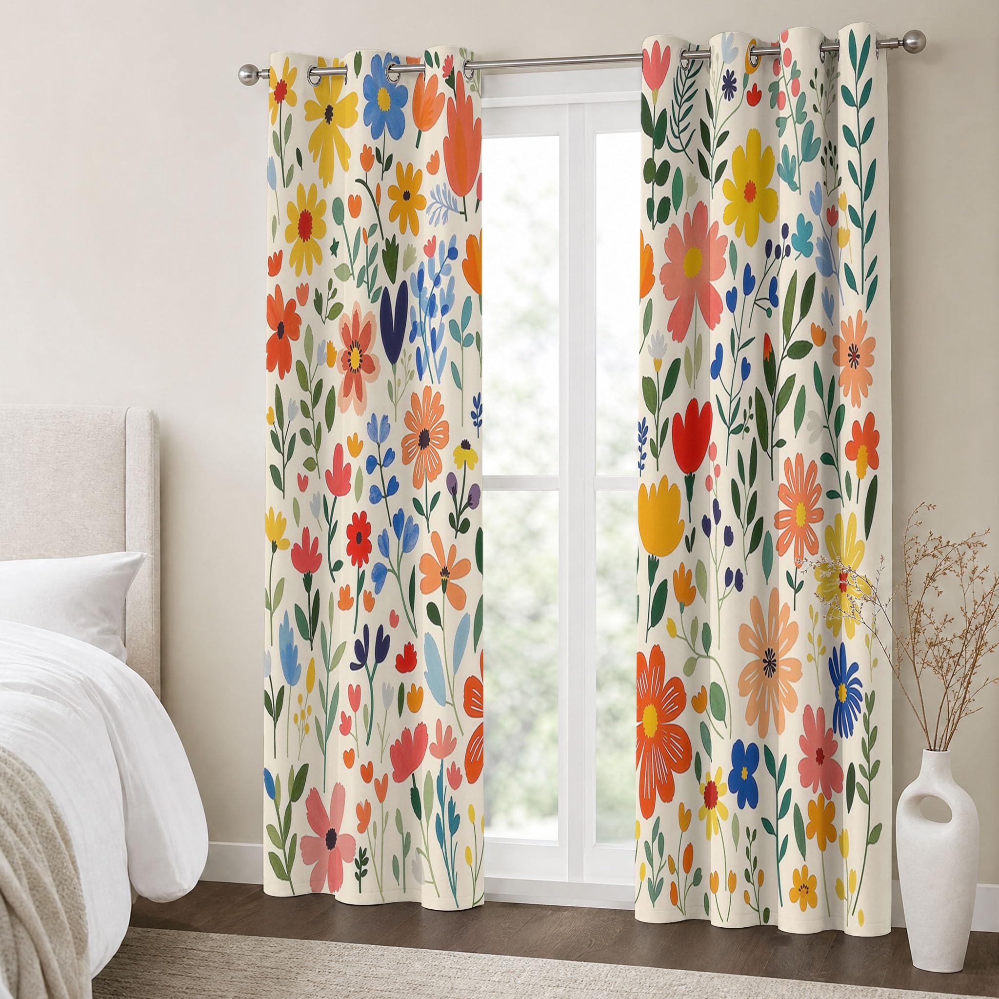 Handbemalte Blumen Blätter Vorhänge, Schöne Landschaft Vorhang Blickdicht Thermo Verdunkelungsvorhänge Mit Ösen - Beige Gardinen Wohnzimmer Schlafzimmer Fenster - H214 x B91.5 cm (2er Pack)