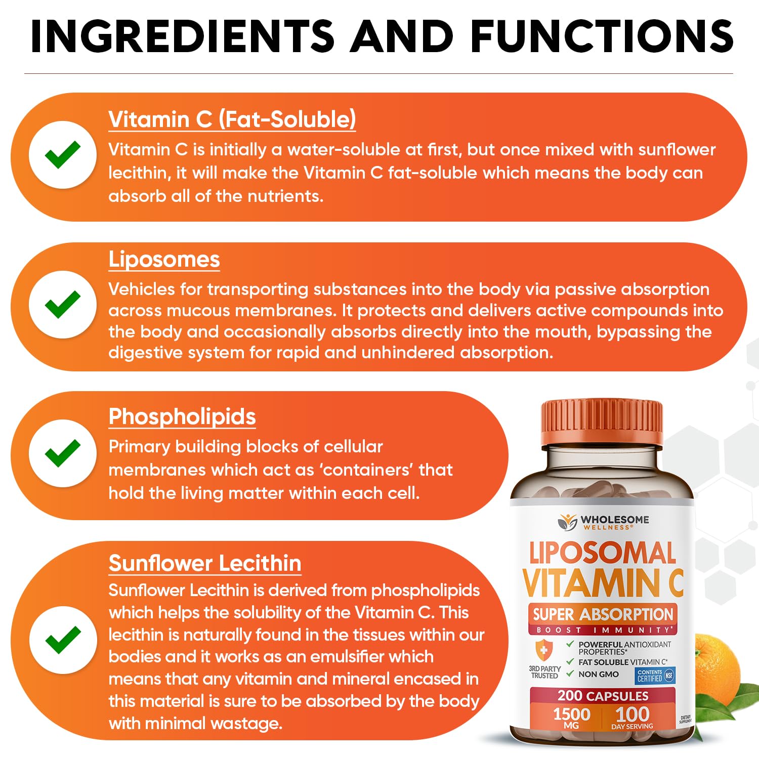 Amazon.com: Wholesome Wellness Liposomal Vitamin C Capsules (200 Pills  1500mg Buffered) High Absorption, Immune System & Collagen Booster, High  Dose Fat Soluble Immunity Support Ascorbic Acid, Natural Vegan : Health &  Household