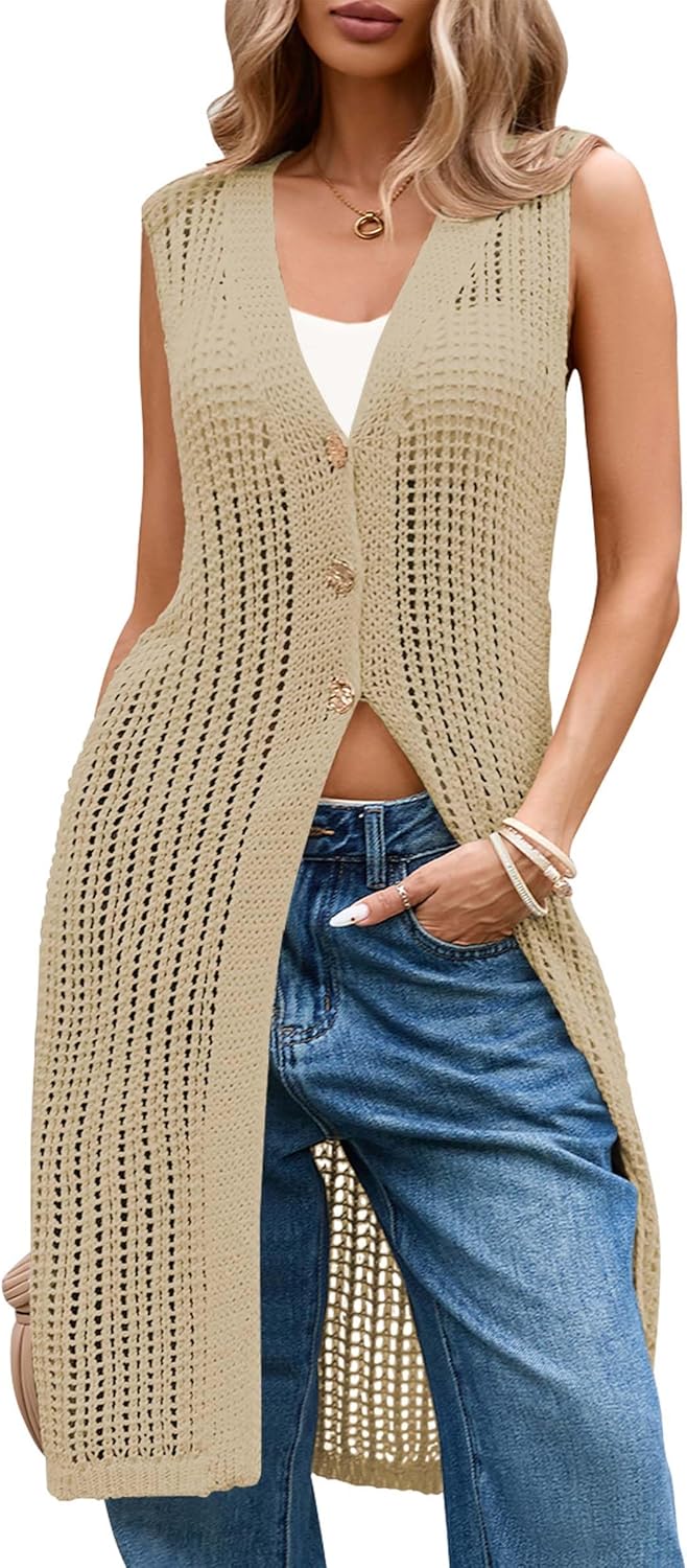 Cakulo Women's Summer Crochet Sleeveless Knit Cardigan