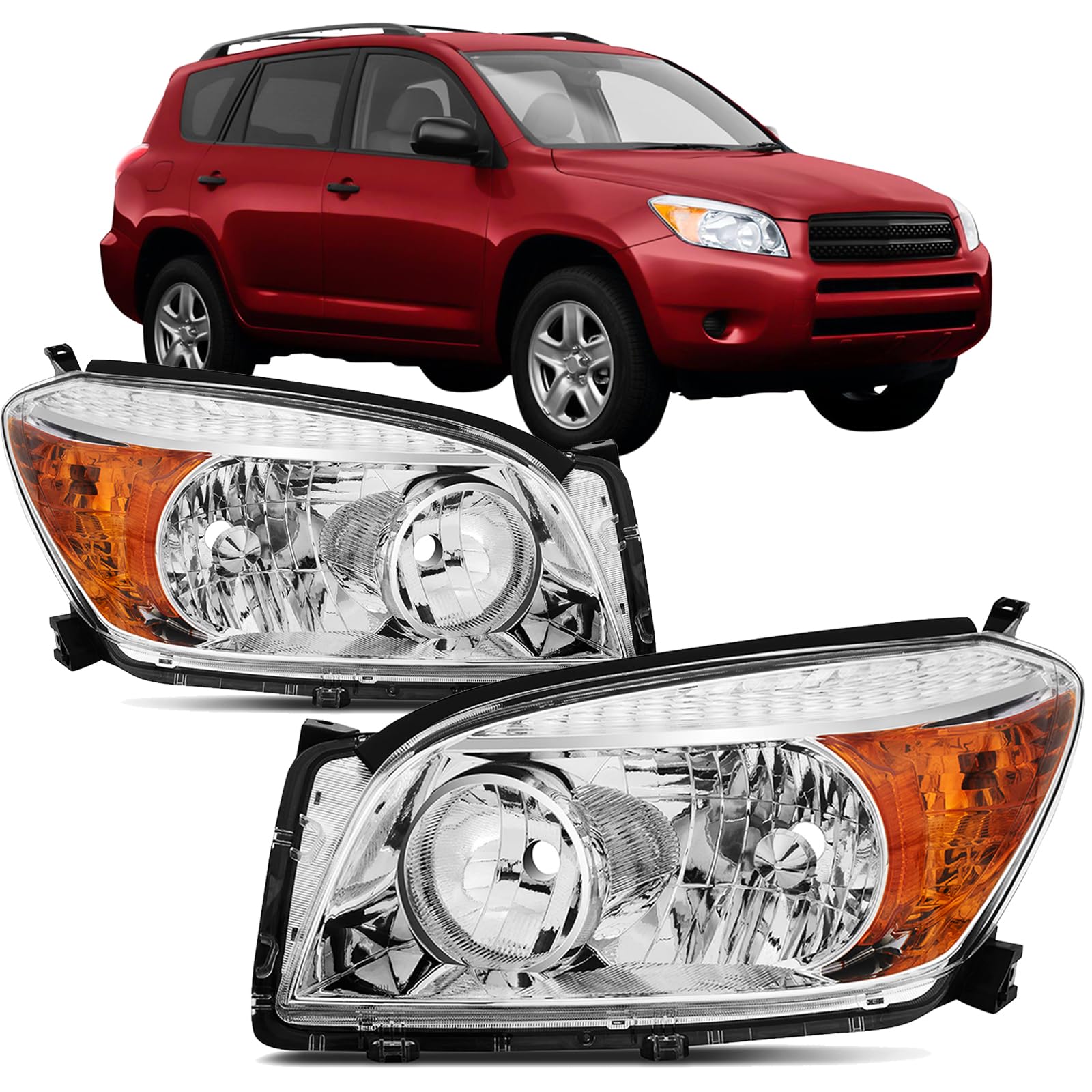Headlights Assembly Compatible with 2006 2007 2008 Toyota Rav4 Chrome Headlamp Replacement Pair Set Driver & Passenger Side