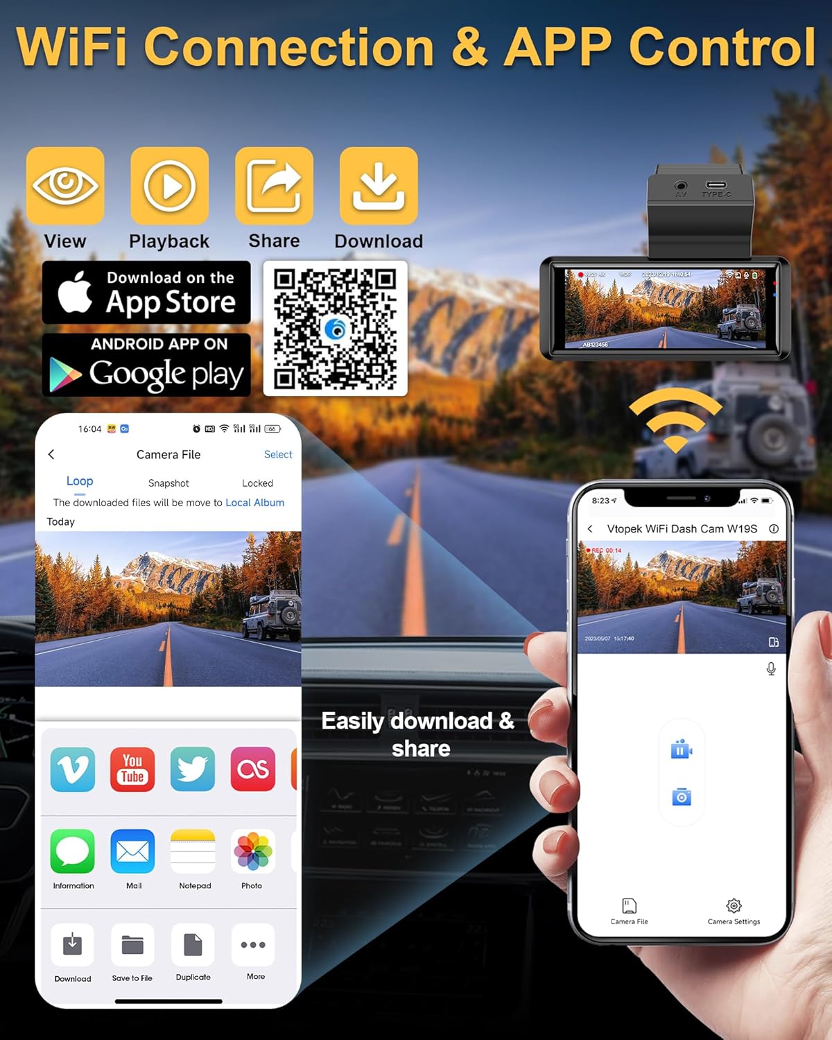 Vtopek W19S Dashcam WiFi and App control interface, showing options for viewing, playback, sharing, and downloading recordings.