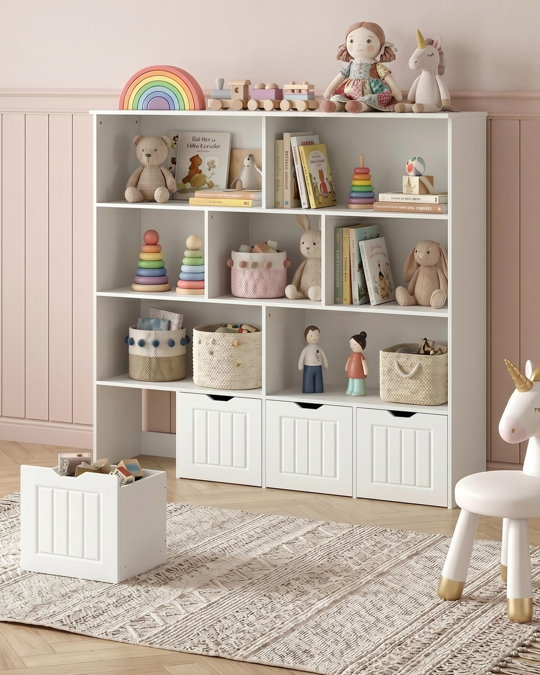 Estanteria Libros Infantil, Libreria Infantil, Almacenaje Juguetes con 4 cajones móviles, Organizador Juguetes con 7 Compartimentos Abiertos (125.5x33x118 cm)