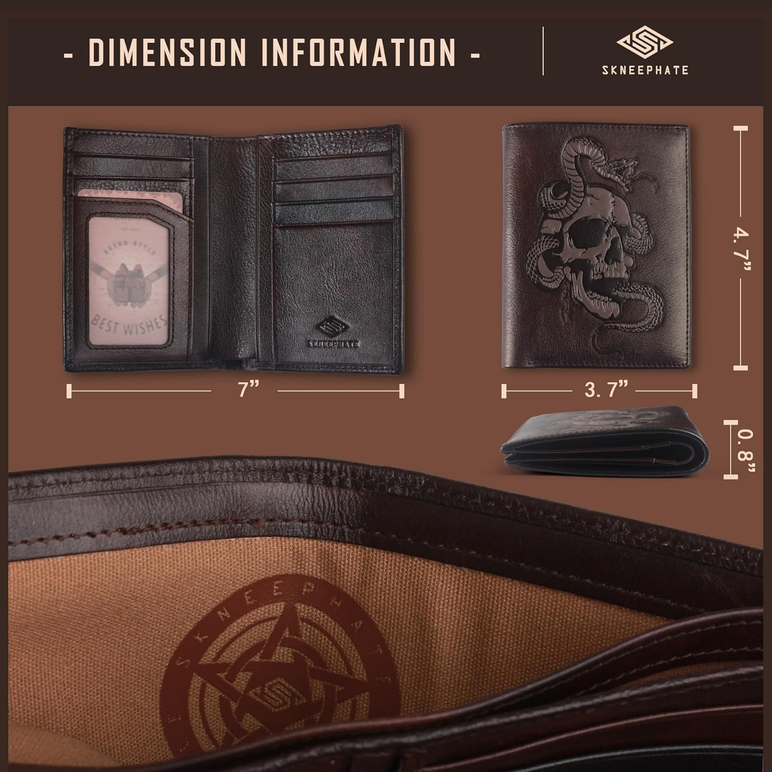 Cool Wallets For Men Bifold,Skull Mens Wallet Leather Vertical,RFID Blocking,Gifts for Him Husband and Boyfriend (Coffee) - Image 4