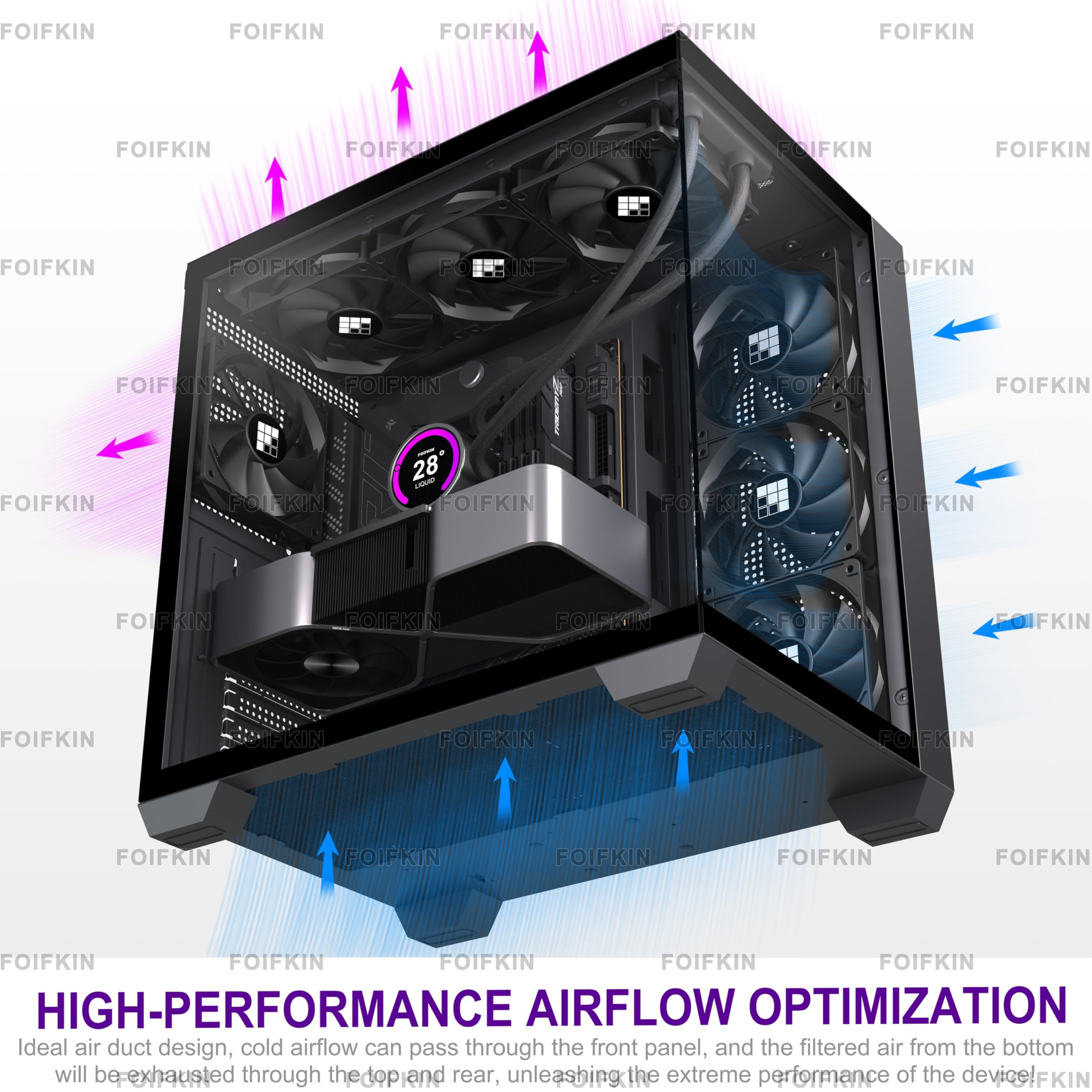 FOIFKIN F300 PC Gehäuse ATX mit 4 ohne RGB-Lüfter,Hoher Luftstrom Mid-Tower Computer Gehäuse,Gaming PC-Gehäuse Big Tower,ATX Gehäuse Schwarz,mit Type-C,360mm Radiator Computergehäuse (Schwarz, F300)