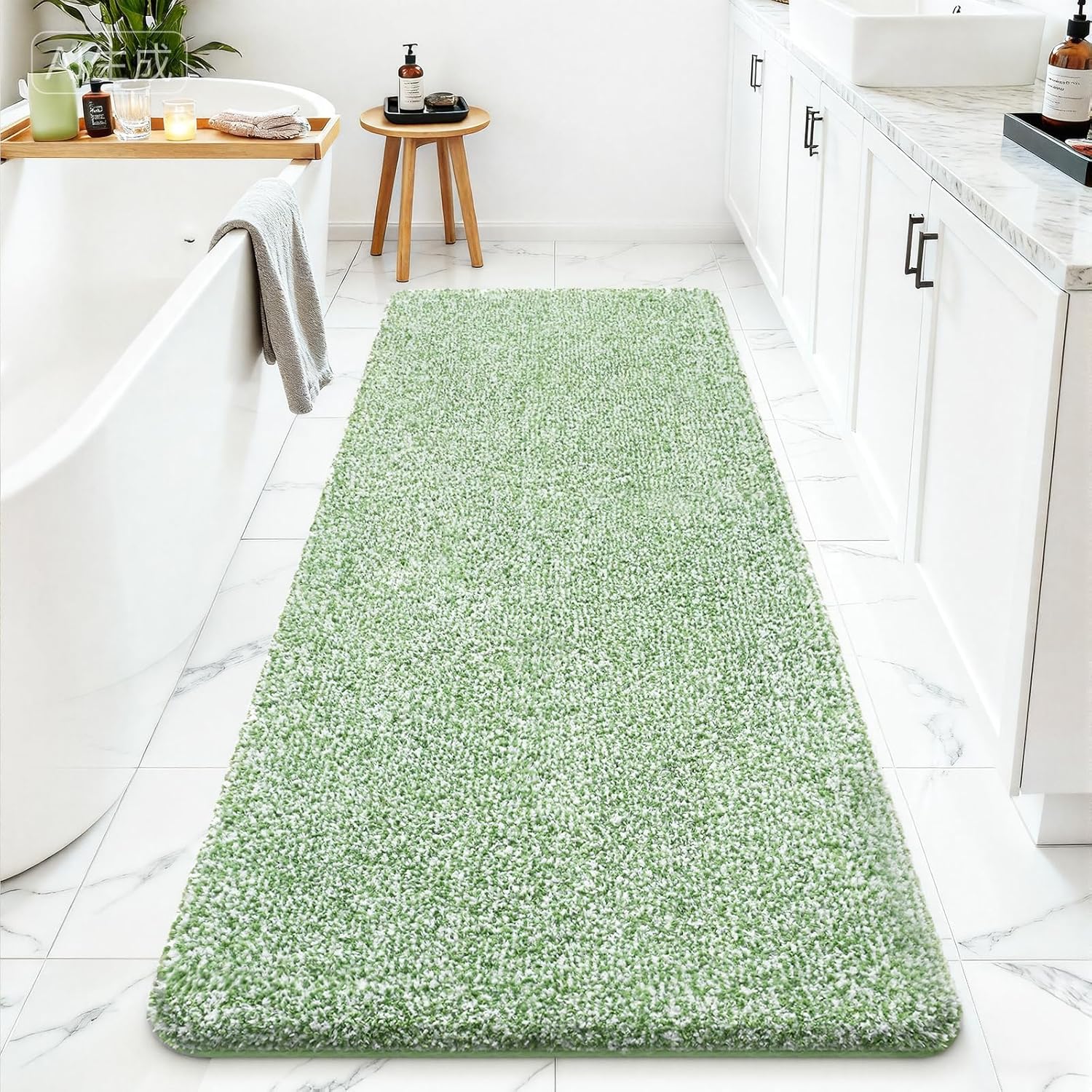 ISEAU Bathroom Runner Rugs 24x60, Super Absorbent Microfiber Large Bath Mat, Non-Slip Long Shower Rug with TPR Backing, Thick Plush Machine Washable Bathmat for Bathrooms, Green/White