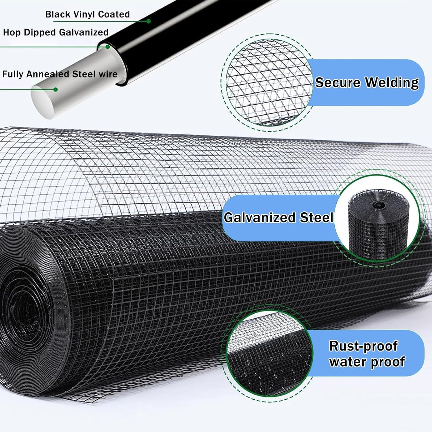 Black 2.3in Hardware Cloth Fence, Chicken Wire Fencing Roll, Metal Garden Fence Tree Guard Hardware Mesh Wire Fences Roll, Easy to Cut, for Rabbit/Duck(1.0x5m(3.3x16.4ft))