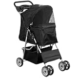 VIVO Black 4 Wheel Pet Stroller for Cat, Dog and More, Foldable Carrier Strolling Cart, STROLR-V001K
