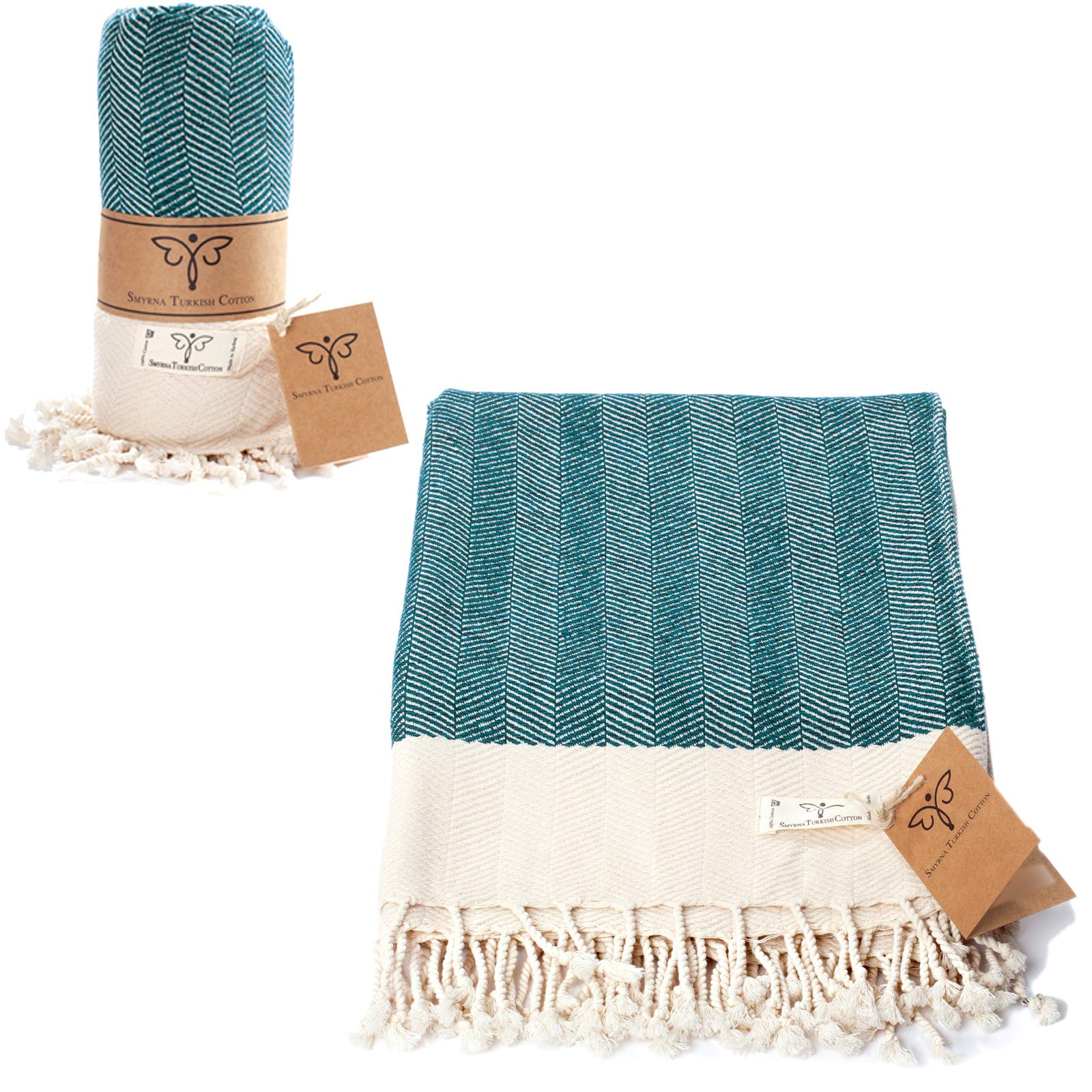 SMYRNA TURKISH COTTON Herringbone Series Throw Blanket 100% Cotton | Large 152 x 205 cm Wearable Cosy Blanket |Made in Turkey|Machine Washable|Premium Luxury Bath Towel&Picnic Rug-Petrol