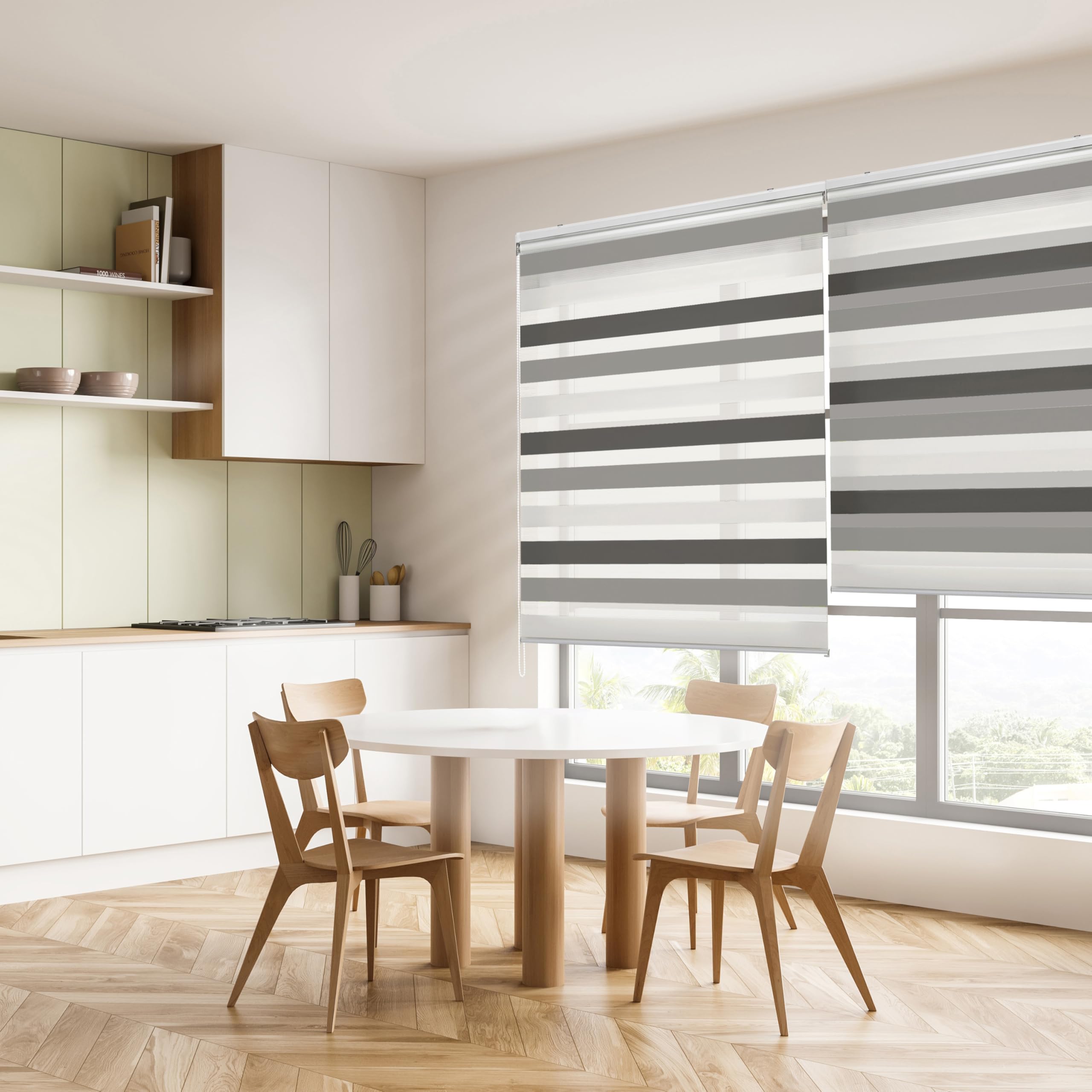 Blindecor Lira duo rollo tag und nacht , tricolor Braun, Grau, Weiß - 80 x 180 cm (Breite x Länge). Stoffgröße 77 x 175 cm. Doppelrollo für fenster