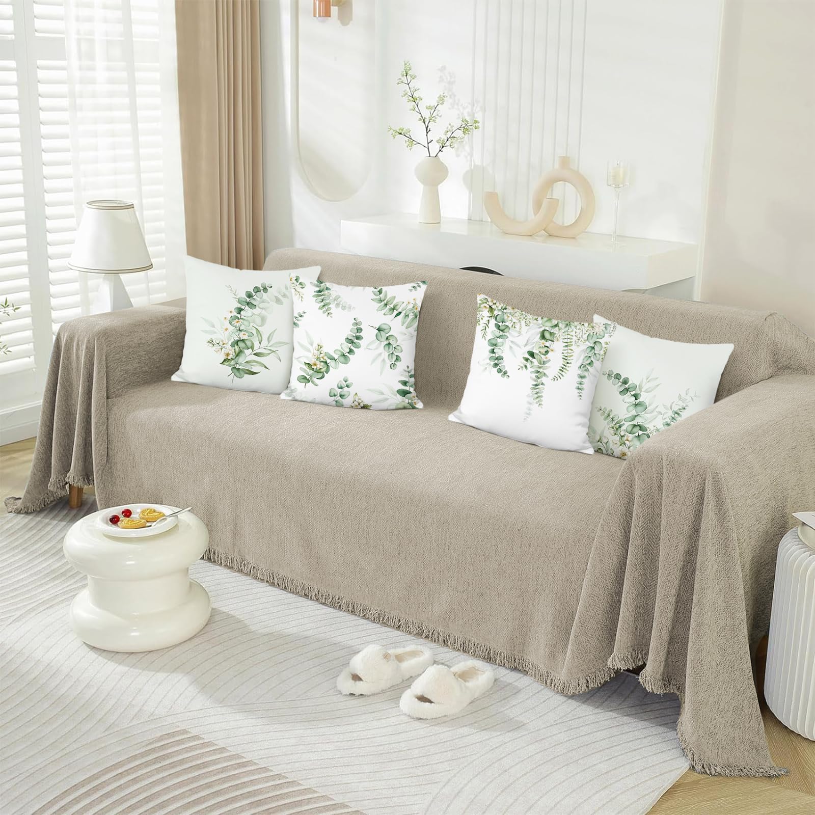 Bonhause Eucalyptus Leaves Cushion Covers 45 x 45 cm Sage Green Leaf Flower Decorative Throw Pillow Covers for Sofa Couch Bed Home Spring Garden Patio Decor Set of 4 - Image 3