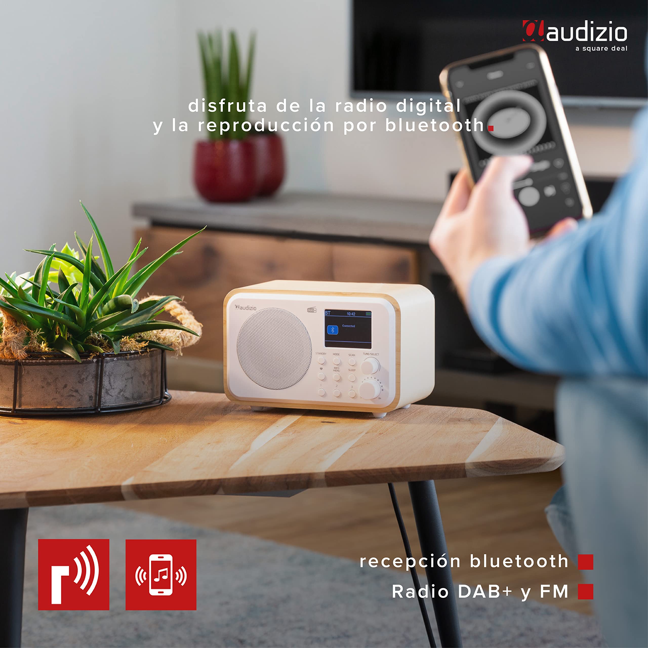 Audizio Milan - Radio Dab portátil con Bluetooth y batería incorporada, Despertador con Temporizador de Apagado, Radio FM - Blanco