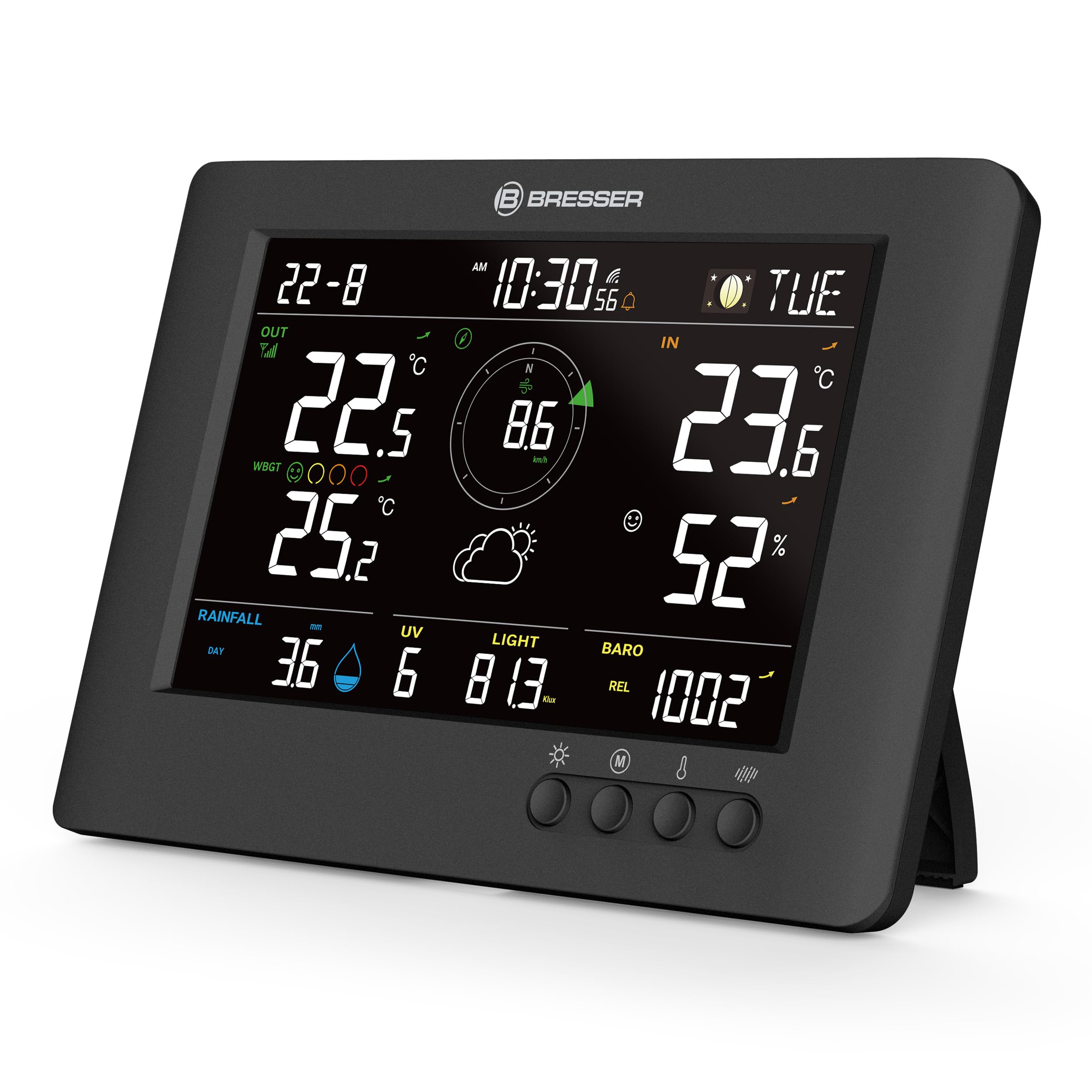 Bresser 8-in-1 ClearViewTB Wetterstation mit Hitzestress-Index, Sensirion-Sensor, 8-in-1-Multisensor, Wetterwarnungen, Max-/Min-Wertespeicher | Innentemperatur und Außentemperatur, Luftfeuchtigkeit, Regenmesser, Windmesser, Wettervorhersage, WBGT, Hitzein