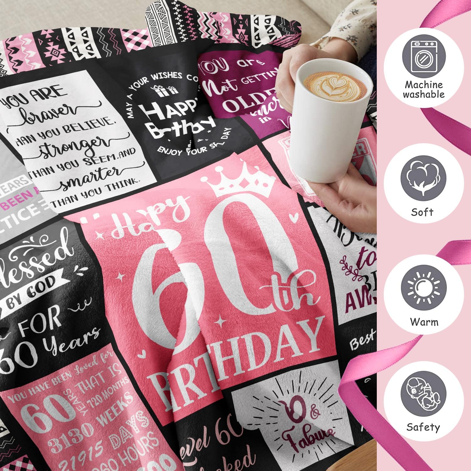 60th Birthday Gifts for Women Throw Blanket 60”X50”, Happy 60th Birthday Decorations Gift Ideas for 60 Year Old Woman, 1966 Bday Gifts for Mom Grandma - Image 5