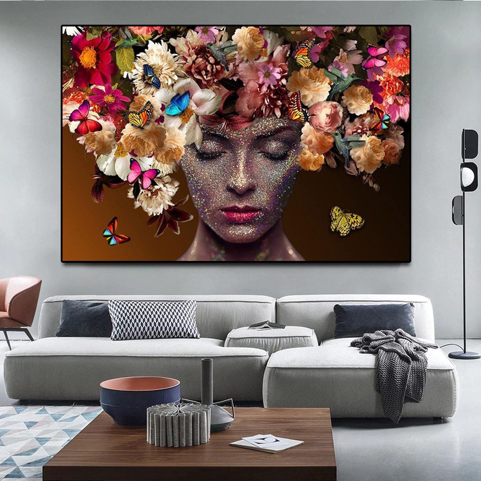 Diseño Arte de la pared Arte de la moda Chica negra africana en las flores Carteles de mariposas Impresión en lienzo Pintura Imagen Habitación Decoración para el hogar 75x135cm (30x53in) con marco