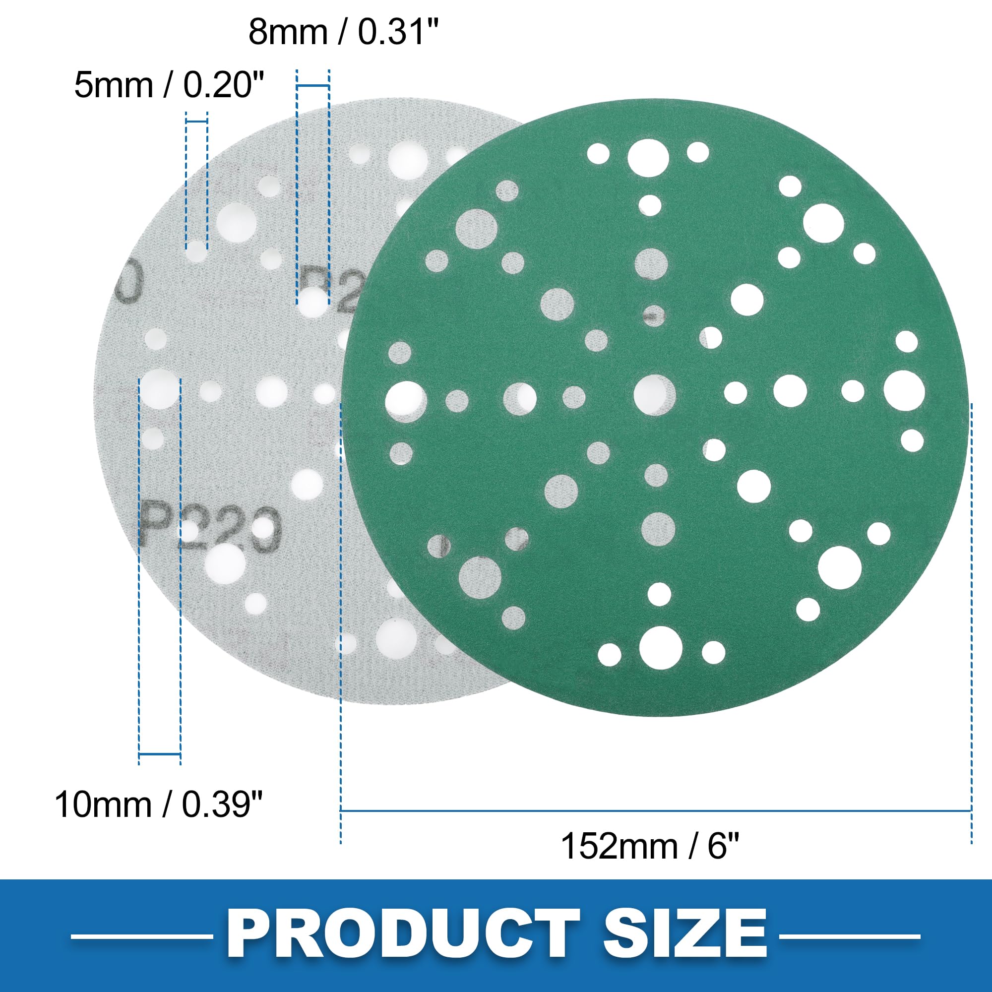 A ABSOPRO Sanding Discs 6 Inch 49 Hole 220 Grit Round Hook and Loop Sandpaper Aluminum Oxide Green 50pcs, 6" - Image 4